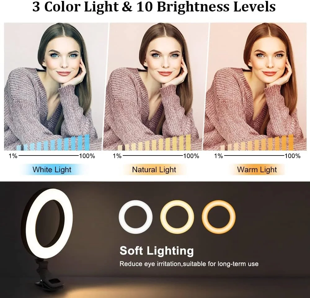 نور حلقه ای LED با پایه سه پایه و نگهدارنده تلفن برای پخش زنده و ویدیوهای یوتیوب، نور حلقه ای آرایشی رومیزی قابل تنظیم برای عکاسی، فیلمبرداری با 3 حالت نور و 10 سطح روشنایی (5 اینچ)