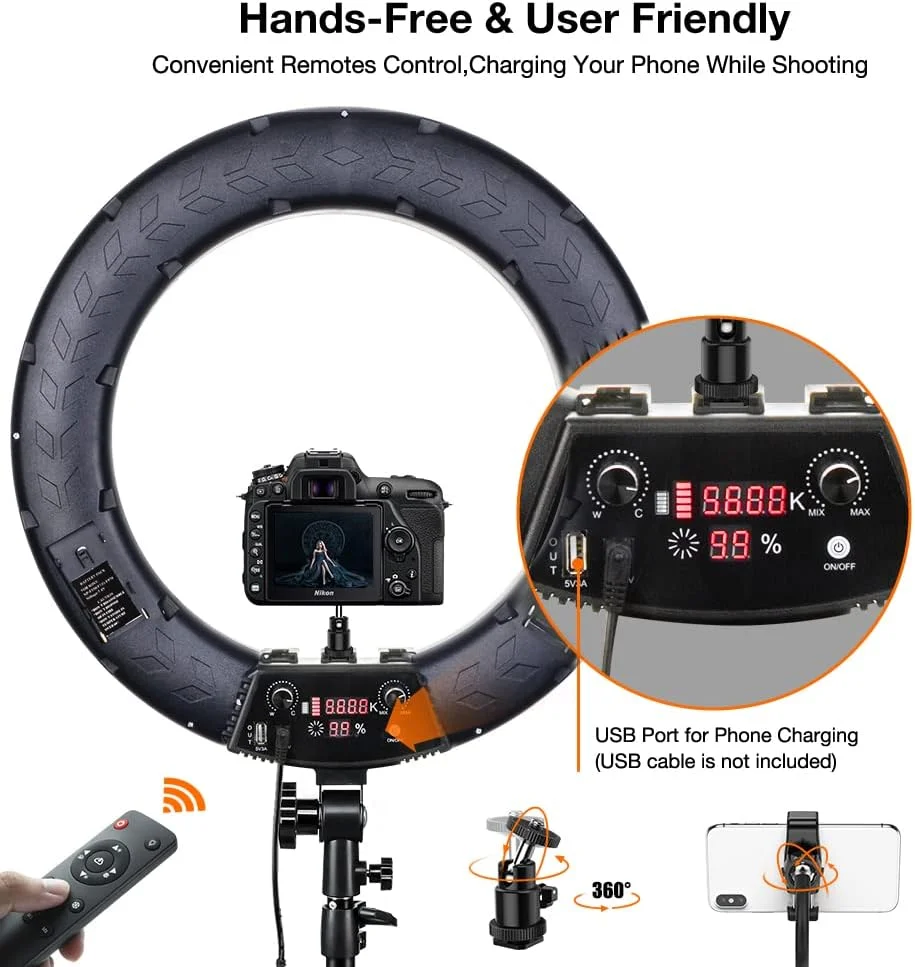 حلقه نور ال ای دی - حلقه نور 18 اینچی دو رنگ با قابلیت تنظیم نور 2700K-5600K، 60 وات به همراه پایه حلقه نور ال ای دی - حلقه نور 18 اینچی دو رنگ با قابلیت تنظیم نور 2700K-5600K، 60 وات به همراه پایه