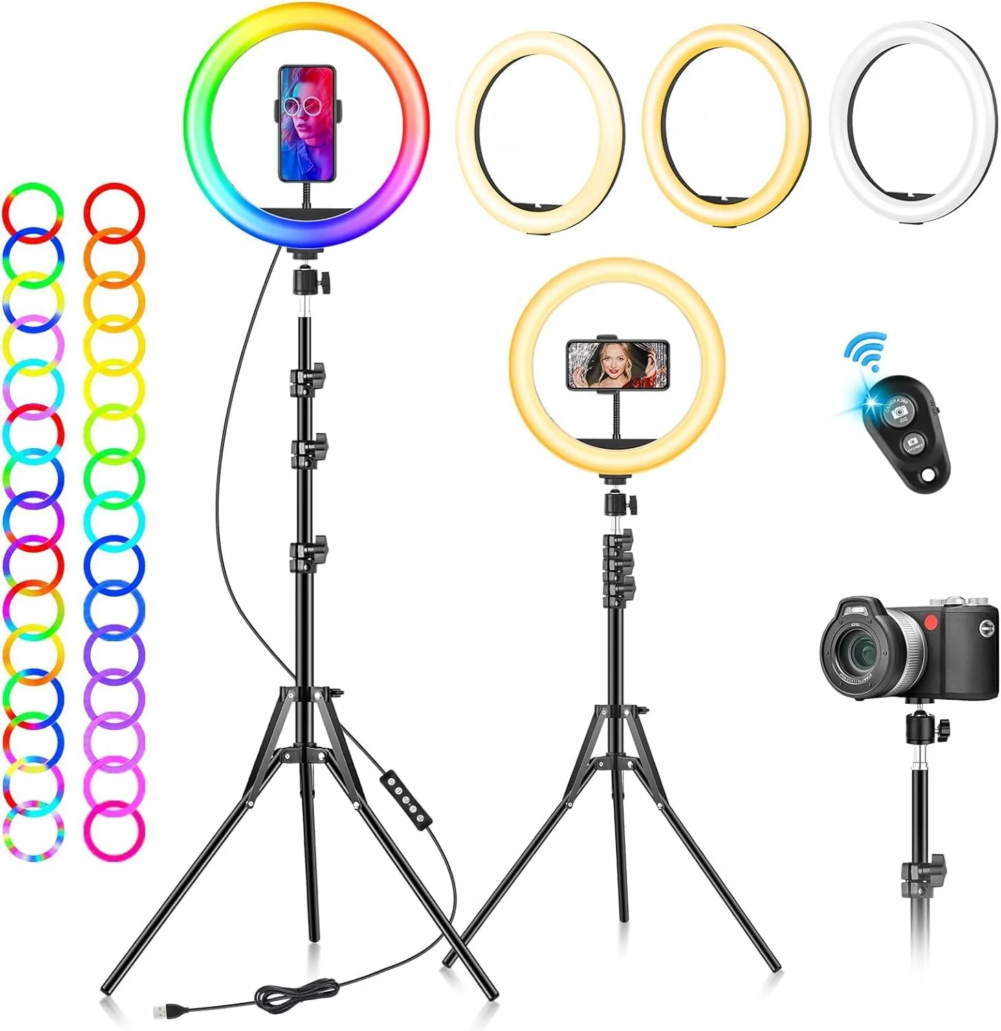 حلقه نور AWH با پایه سه پایه و نگهدارنده تلفن - چراغ حلقه ای LED سلفی 10 اینچی با قابلیت تنظیم نور، لامپ رومیزی با 40 رنگ RGB، نور دایره ای بلند برای دوربین، آرایش، ویدیو، یوتیوب، تیک تاک، پخش زنده و جلسات زوم