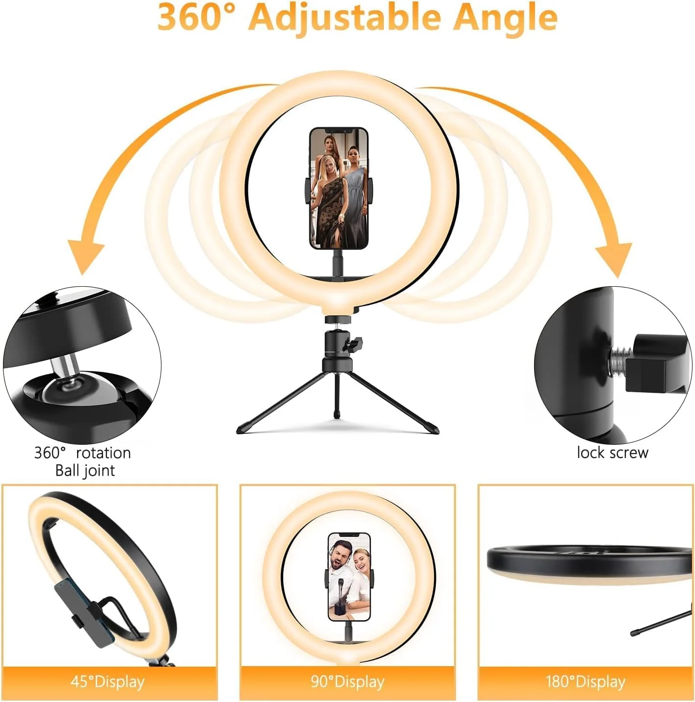 نور حلقه ای سلفی 10.2 اینچی با پایه و نگهدارنده تلفن، چراغ های دایره ای LED، چراغ های حلقه ای رومیزی با 3 رنگ نور قابل تنظیم 3500K-6500K و 10 سطح روشنایی برای ویدیوهای تلفن، پخش زنده TikTok و آرایش نور حلقه ای سلفی 10.2 اینچی با پایه و نگهدارنده تلفن، چراغ های دایره ای LED، چراغ های حلقه ای رومیزی با 3 رنگ نور قابل تنظیم 3500K-6500K و 10 سطح روشنایی برای ویدیوهای تلفن، پخش زنده TikTok و آرایش