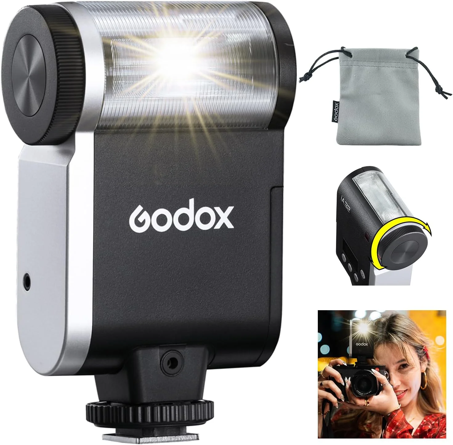 فلاش کوچک گودکس IA32 با عدد راهنمای 15، 490 فلاش با قدرت کامل، تنظیمات -7°~90°، 8 سطح قدرت، حالت های خودکار/دستی، تغذیه با 2 باتری AA - سازگار با دوربین های کانن/نیکون/سونی/فوجی فیلم/المپوس