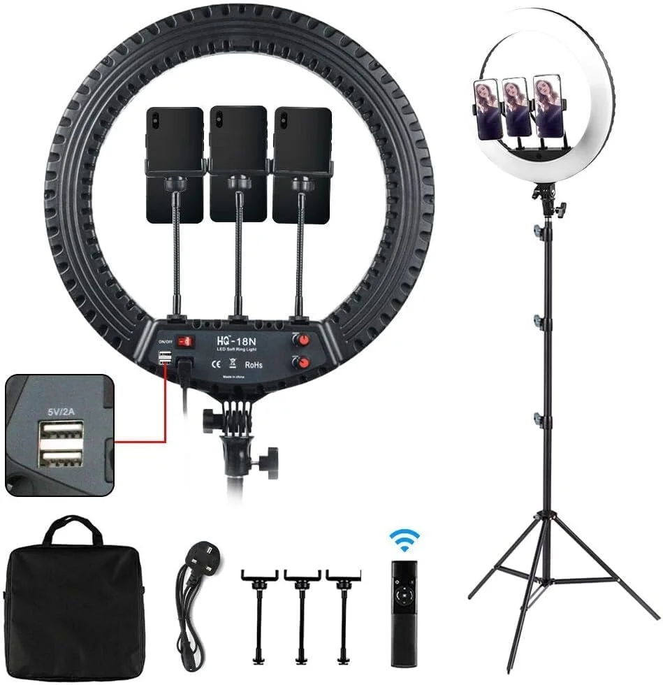 حلقه نور LED هجده اینچی با پایه سه پایه قابل تنظیم - 3 حالت نور، تغذیه از طریق USB، کنترل از راه دور بی سیم، ایده آل برای آرایش، یوتیوب، ولاگ، پخش زنده و عکاسی - مشکی