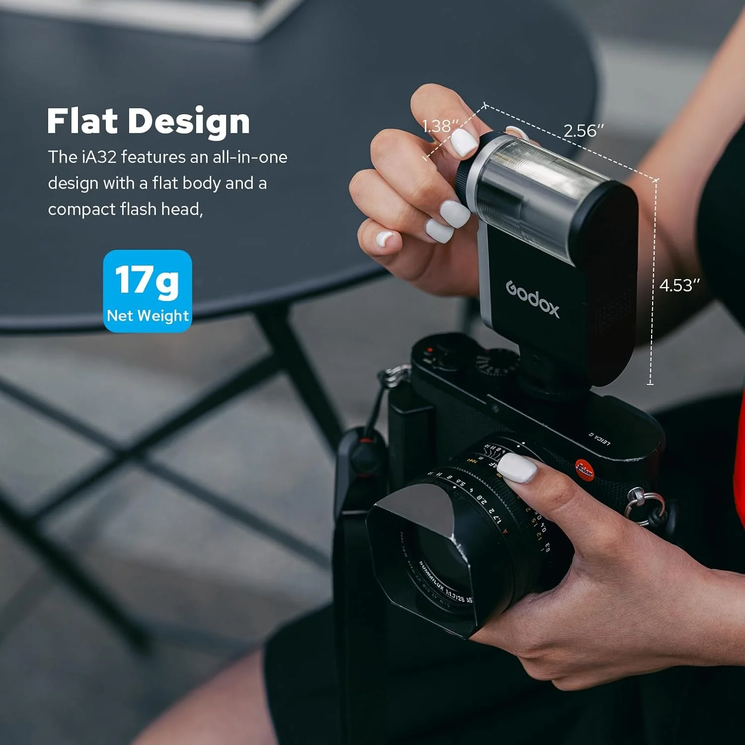 فلاش کوچک گودکس IA32 با عدد راهنمای 15، 490 فلاش با قدرت کامل، تنظیمات -7°~90°، 8 سطح قدرت، حالت های خودکار/دستی، تغذیه با 2 باتری AA - سازگار با دوربین های کانن/نیکون/سونی/فوجی فیلم/المپوس