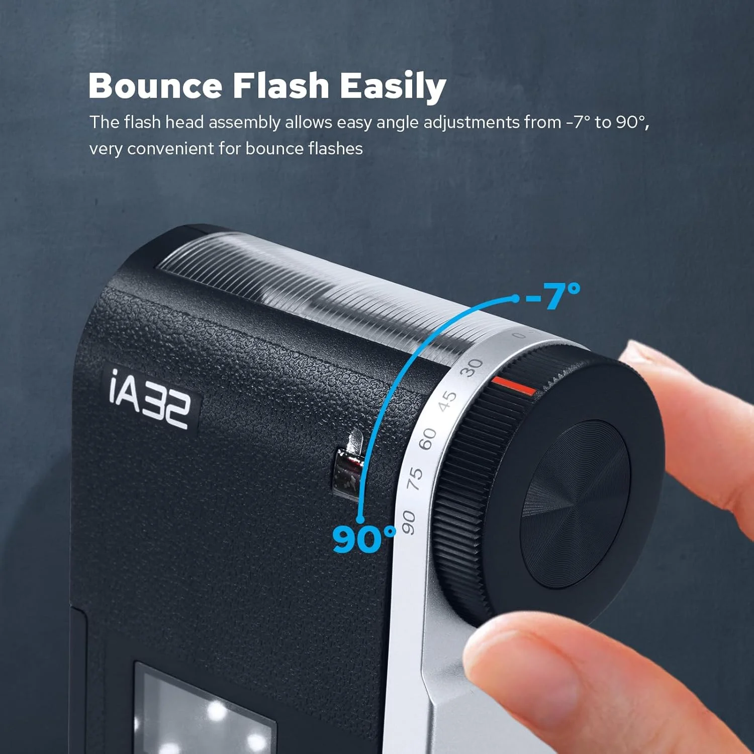 فلاش کوچک گودکس IA32 با عدد راهنمای 15، 490 فلاش با قدرت کامل، تنظیمات -7°~90°، 8 سطح قدرت، حالت های خودکار/دستی، تغذیه با 2 باتری AA - سازگار با دوربین های کانن/نیکون/سونی/فوجی فیلم/المپوس