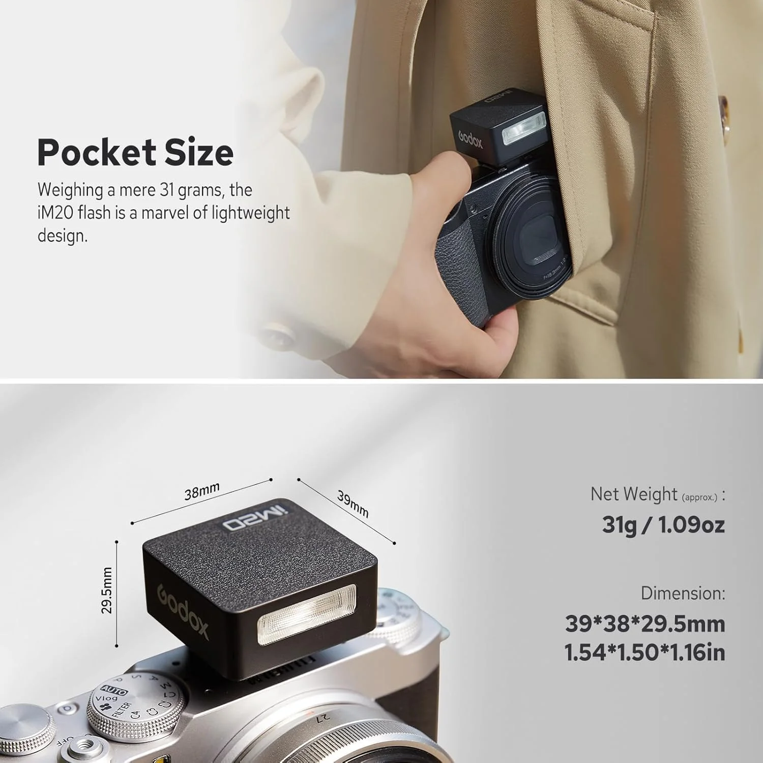 فلاش دوربین iM20، باتری داخلی، 5 سطح قدرت، 440 فلاش با قدرت کامل، زمان بازیافت 3 ثانیه، سازگار با فوجی/کانن/سونی/نیکون/پاناسونیک/المپوس