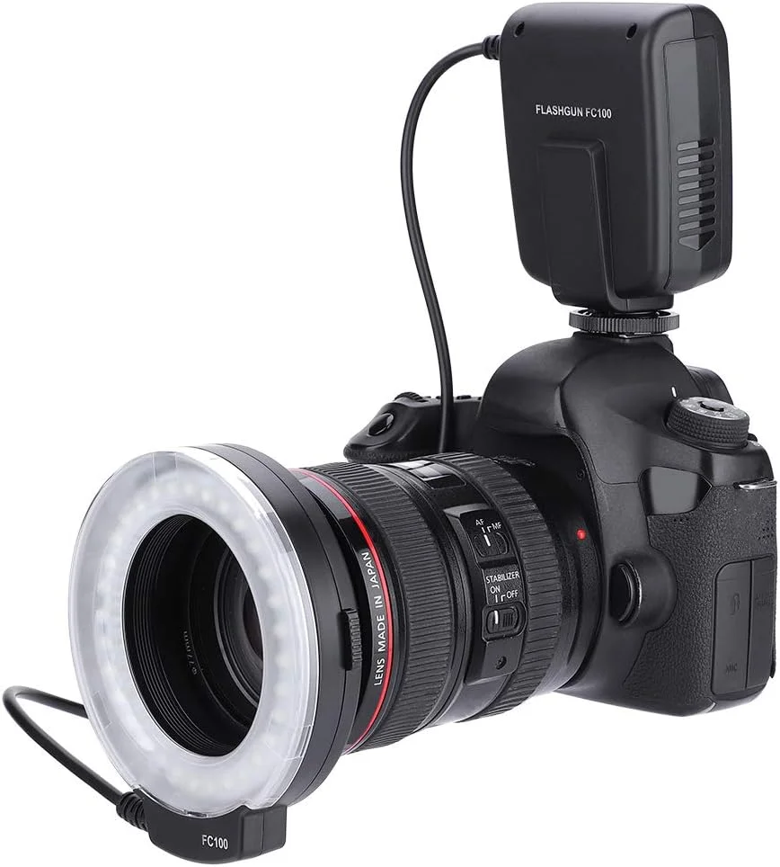 فلاش حلقوی ماکرو FC-100، 1/1000S 5500K LED ماکرو فلاش حلقوی قابل تنظیم 7 روشنایی کیت نور پرکننده دوربین فیلمبرداری با 8 آداپتور حلقه ای برای عکاسی ماکرو استودیویی کانن/نیکون