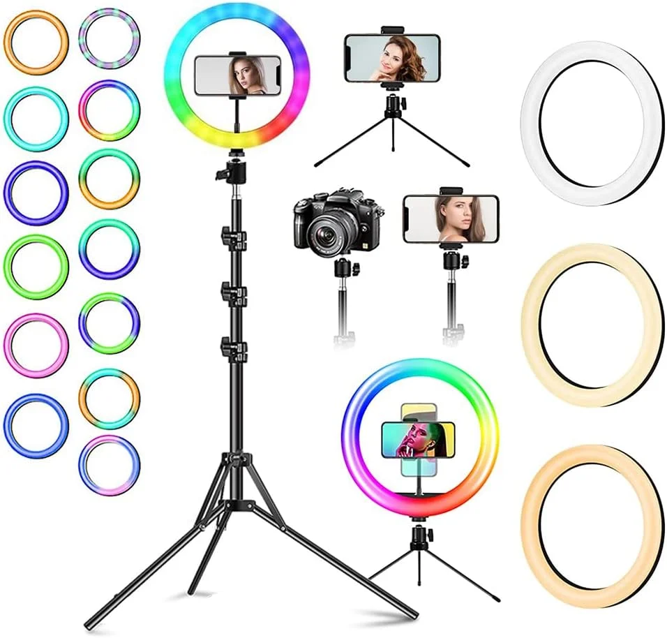 حلقه نور 10 اینچی با پایه و نگهدارنده تلفن به ارتفاع 1.6 متر، حلقه های نور رومیزی با 10 سطح کم نور و 15 رنگ RGB، لامپ دایره ای LED با 2 سه پایه برای سلفی، آرایش، TikTok، YouTube، جلسات Zoom