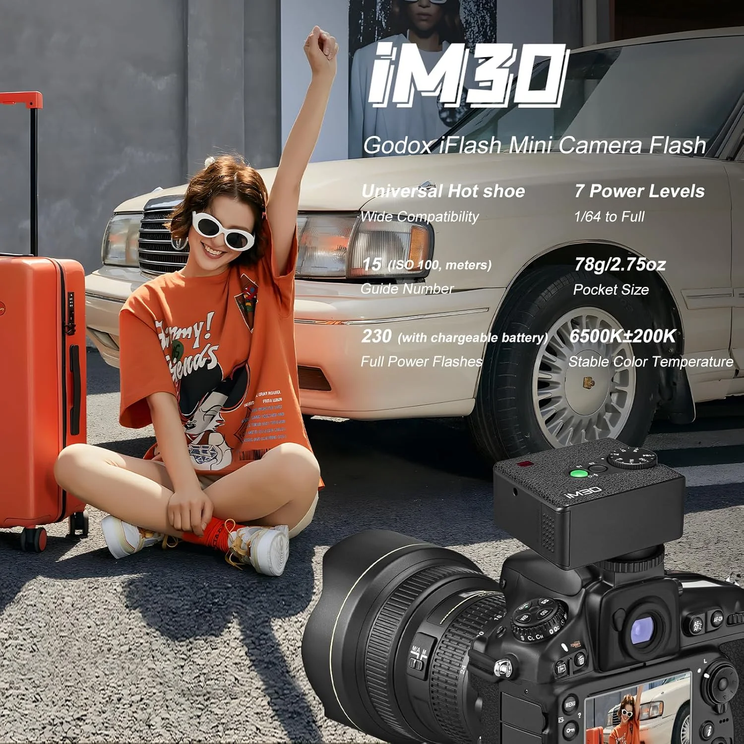 فلاش کوچک جیبی دستی گودکس IM30، کنترل نوری S1/S2، فلاش اکسترنال قابل حمل با پایه اتصال دوربین، 7 سطح قدرت، دمای رنگ 6500 کلوین ± 200 کلوین برای سونی، کانن، نیکون، فوجی، پنتاکس (با سه رنگ)