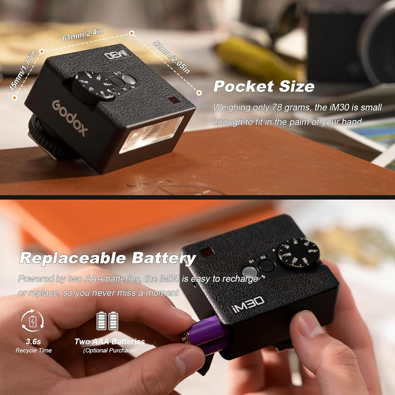 فلاش کوچک جیبی دستی گودکس IM30، کنترل نوری S1/S2، فلاش اکسترنال قابل حمل با پایه اتصال دوربین، 7 سطح قدرت، دمای رنگ 6500 کلوین ± 200 کلوین برای سونی، کانن، نیکون، فوجی، پنتاکس (با سه رنگ)