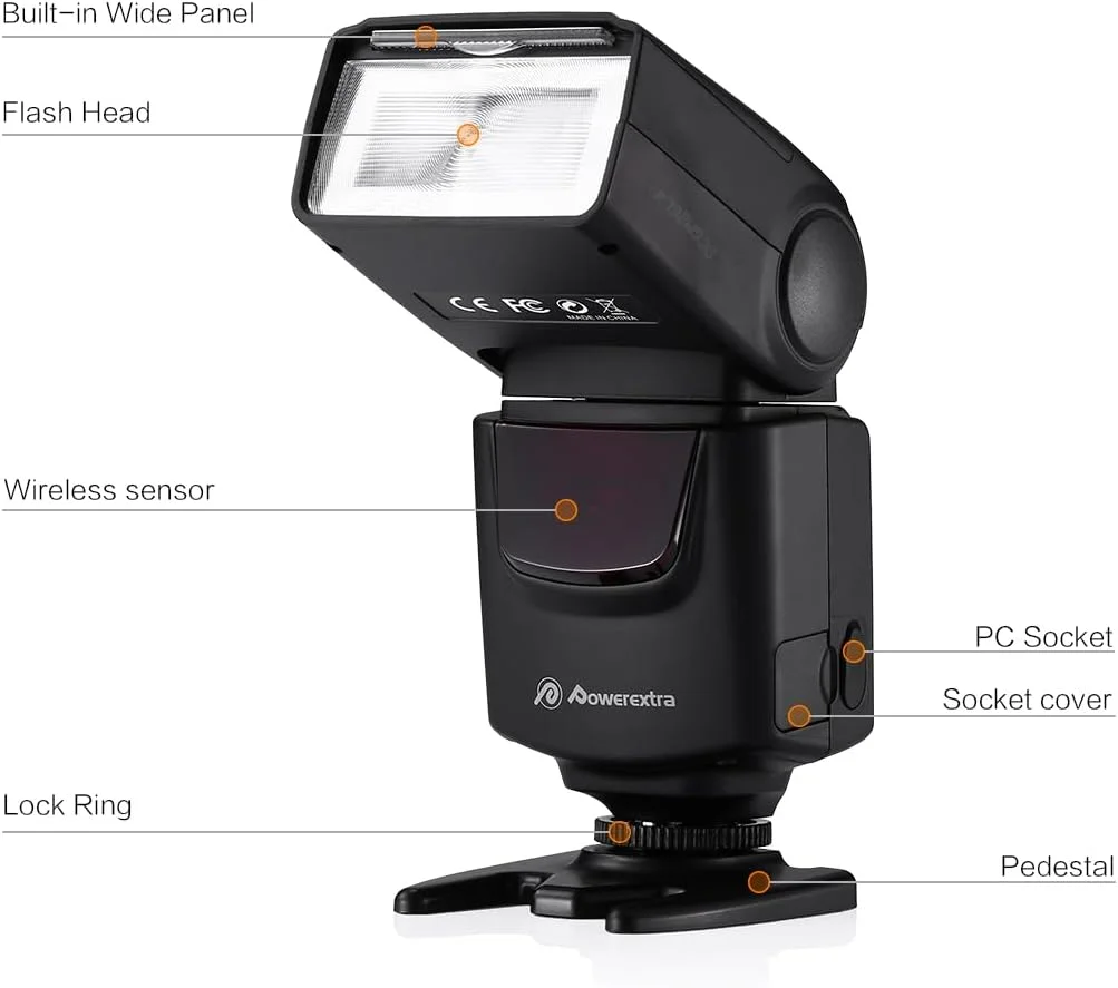 فلاش اسپیدلایت Powerextra DF-400 با حالت M/S1/S2، فلاش دوربین برای دوربین های دیجیتال DSLR کانن نیکون پنتاکس سامسونگ فوجی فیلم الیمپوس پاناسونیک سیگما مینولتا لایکا ریکو با هات شو تک کنتاکت