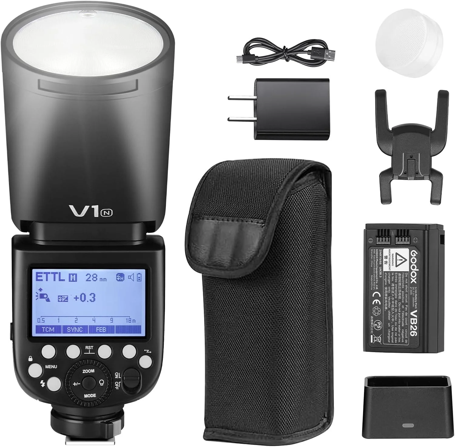 فلاش اسپیدلایت گودکس V1N، 76Ws 2.4G همگام‌سازی پرسرعت 1/8000 ثانیه باتری لیتیوم-یون 2600mAh با سر گرد برای دوربین نیکون (V1-N)