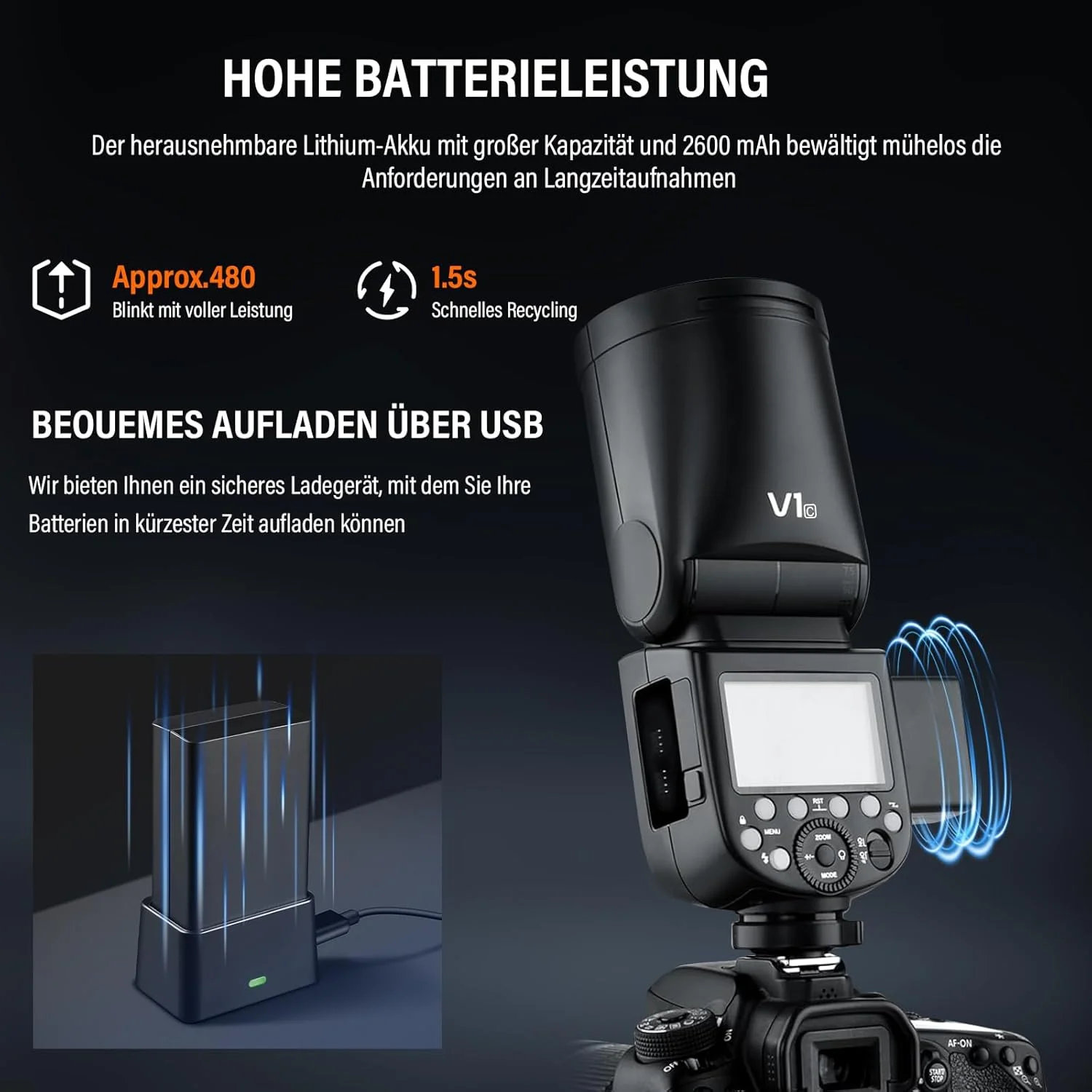 فلاش اسپیدلایت گودکس V1N، 76Ws 2.4G همگام‌سازی پرسرعت 1/8000 ثانیه باتری لیتیوم-یون 2600mAh با سر گرد برای دوربین نیکون (V1-N)