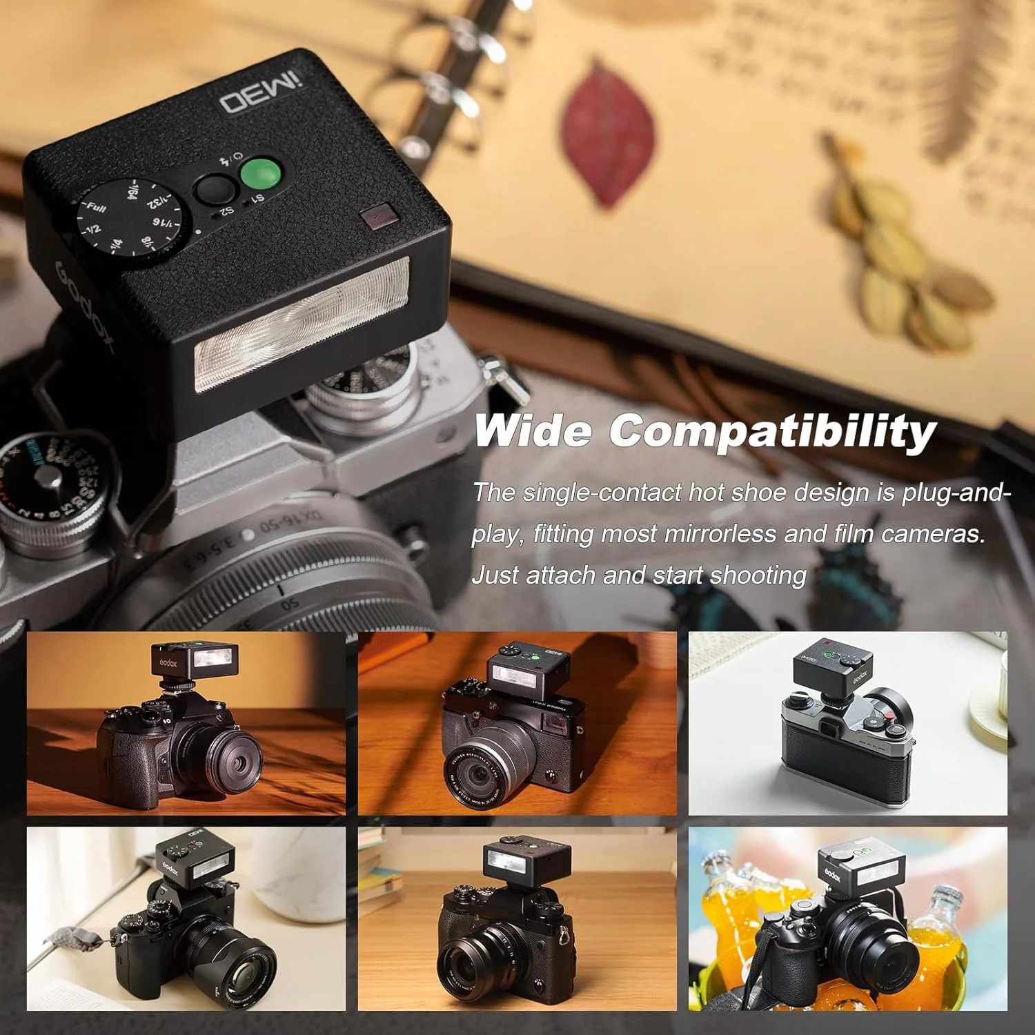 فلاش کوچک گودکس iM30 با دیفیوزر برای دوربین های کانن، نیکون، سونی، فوجی، المپوس با هات شو تک کنتاکت، فلاش دوربین گودکس با گنبدی پخش کننده نور، GN15، تنظیم قدرت 7 مرحله ای، 230 فلاش