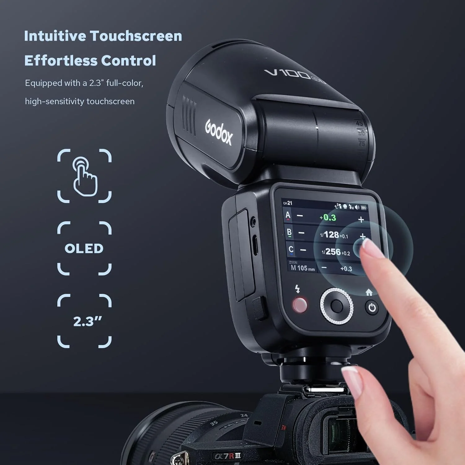 فلاش گودکس V100-S نسخه ایالات متحده برای سونی، اسپیدلایت لمسی V100-SU با حداکثر خروجی 100 وات، فلاش فرعی جداشدنی، باتری قابل شارژ USB-C، فلاش اسپیدلایت دوربین TTL HSS 1/8000s بی سیم 2.4G