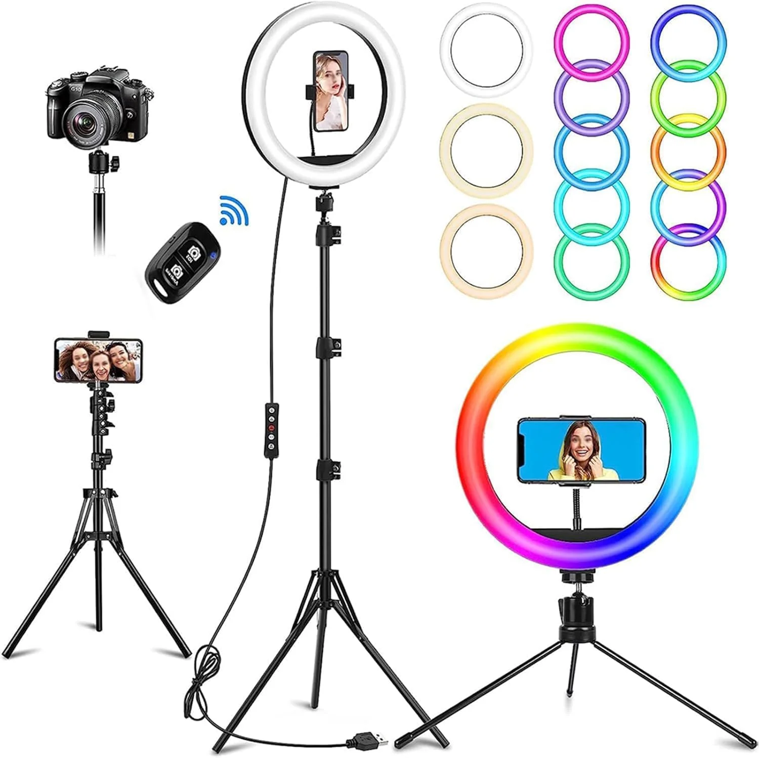 حلقه نور سلفی 10 اینچی MOTIM با پایه و نگهدارنده تلفن، سه پایه رومیزی، 37 حالت نورپردازی RGB، ریموت کنترل، حلقه نور دایره ای قابل تنظیم نور برای دوربین آیفون/اندروید، نور LED برای عکس و ضبط ویدیو