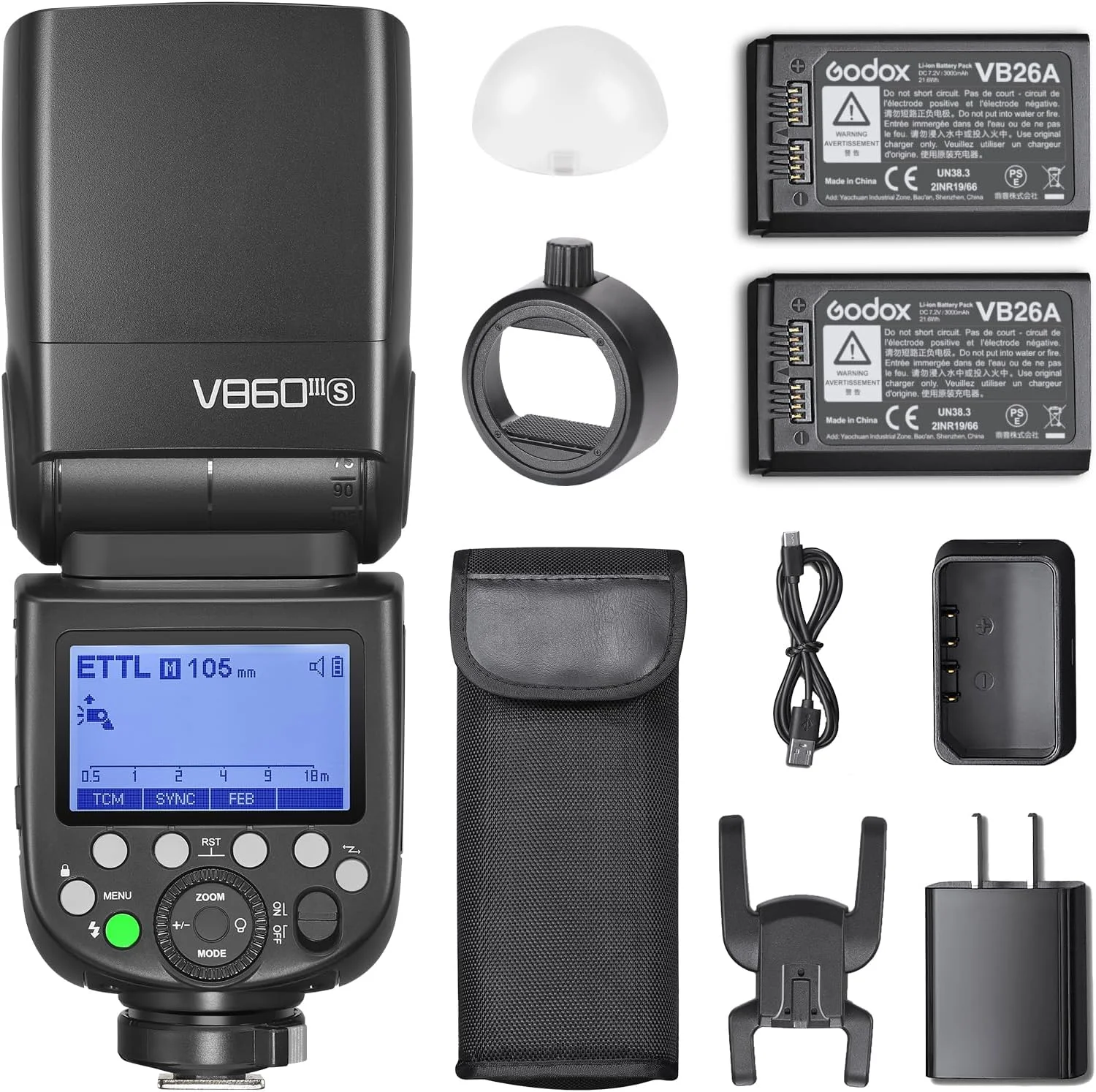 کیت فلاش اسپیدلایت دوربین Godox V860III-S برای سونی، TTL GN60 HSS، سیستم وایرلس 2.4G X، زمان بازیافت 1.5 ثانیه و نور مدلینگ LED به همراه سافت باکس، دیفیوزر و فیلتر رنگی