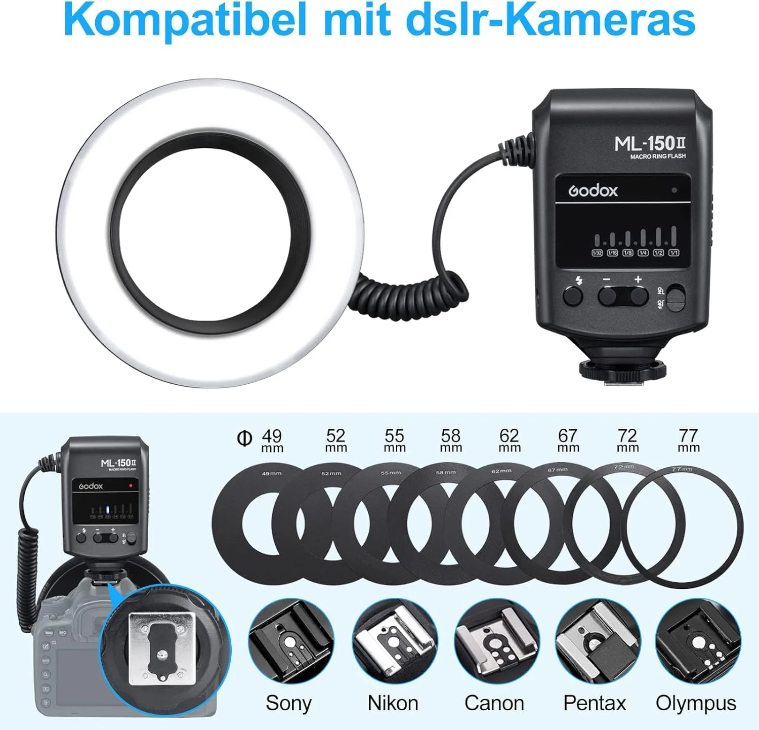 فلاش حلقوی ماکرو گودوکس مدل ML150II، فلاش حلقوی LED به همراه پخش کننده نور و حلقه های آداپتور برای دوربین DSLR فلاش حلقوی ماکرو گودوکس مدل ML150II، فلاش حلقوی LED به همراه پخش کننده نور و حلقه های آداپتور برای دوربین DSLR