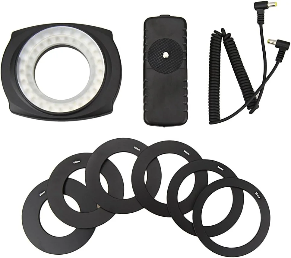 نور حلقه ای ماکرو LED مدل JJC LED-48LR به همراه آداپتور حلقه ای 49، 52، 55، 58، 62، 67 میلی متری برای دوربین های DSLR کانن و نیکون