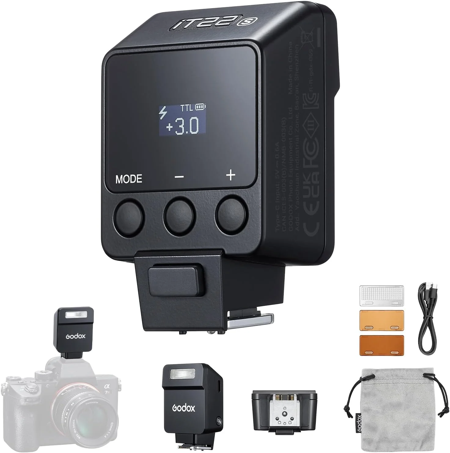 فلاش کوچک گودکس IT22 S TTL Mini iFlash برای سونی، دارای باتری داخلی، 700 شات با قدرت کامل، زمان بازیافت 1.5 ثانیه، همراه با فیلتر مغناطیسی