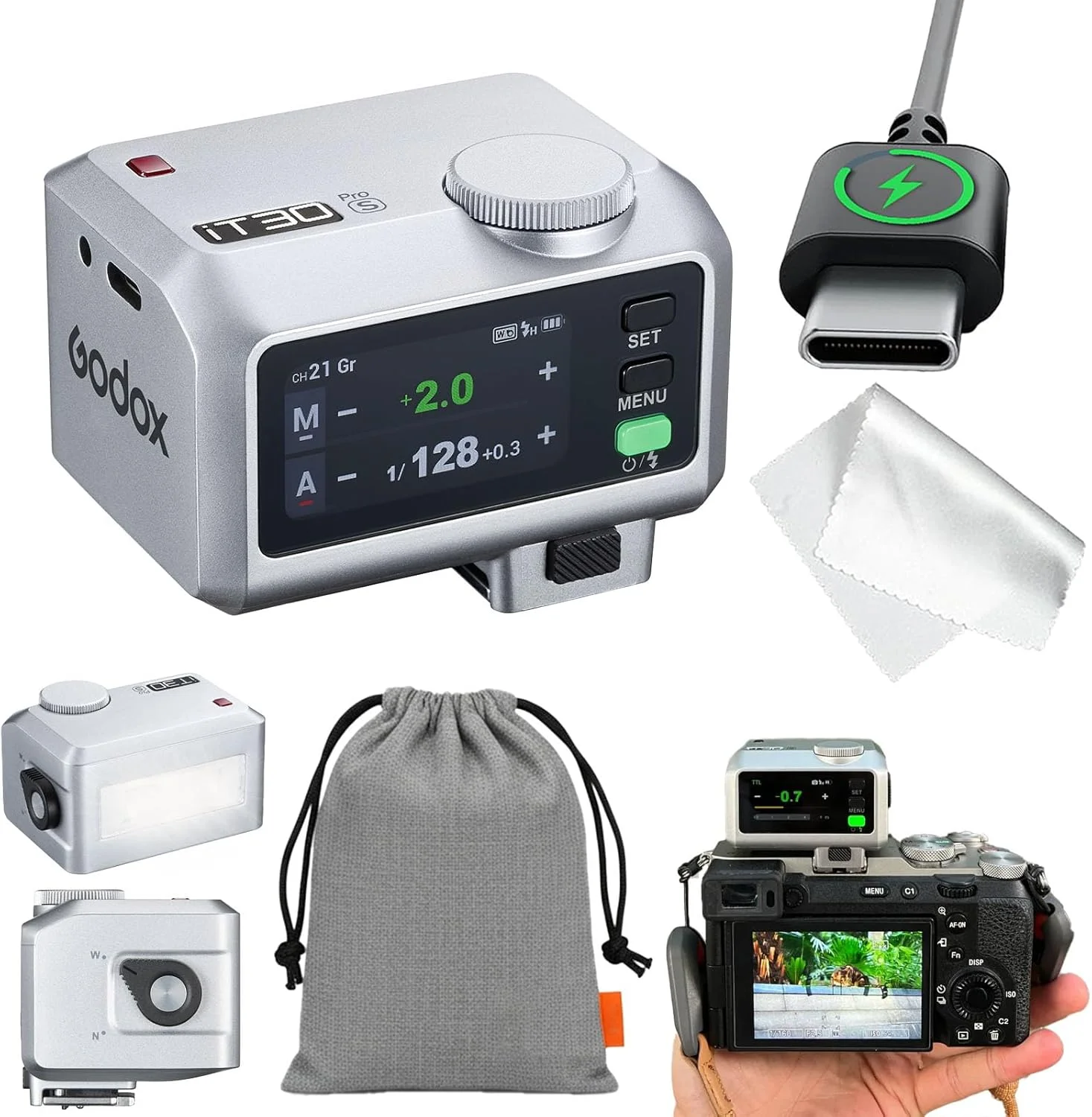 فلاش دوربین گودکس iT30 pro برای سونی، نورسنجی خودکار TTL، همگام‌سازی پرسرعت 1/8000 ثانیه، بی‌سیم 2.4G، فلاش مینی گودکس با صفحه لمسی، باتری لیتیومی، فلاش گودکس برای سونی (نقره‌ای)