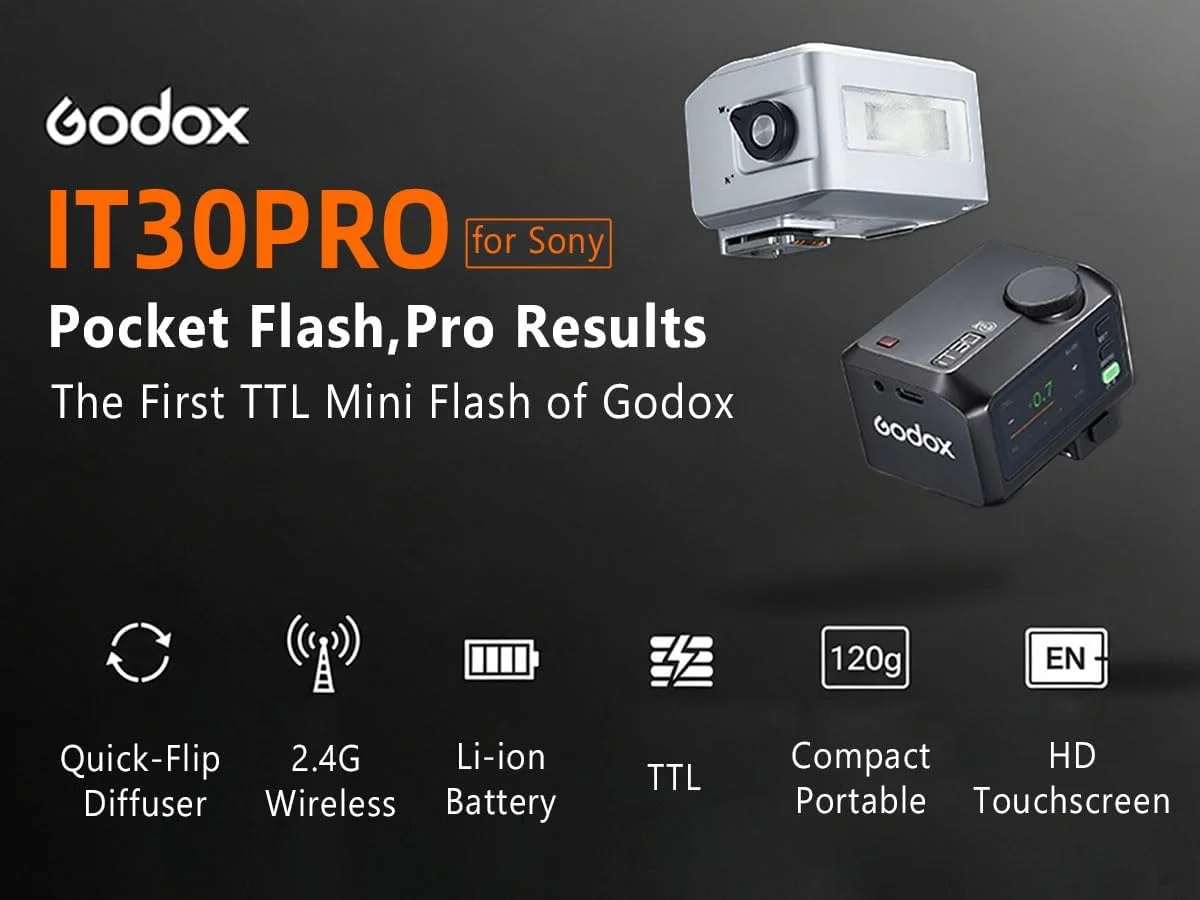 فلاش دوربین گودکس iT30 pro برای سونی، نورسنجی خودکار TTL، همگام‌سازی پرسرعت 1/8000 ثانیه، بی‌سیم 2.4G، فلاش مینی گودکس با صفحه لمسی، باتری لیتیومی، فلاش گودکس برای سونی (نقره‌ای)