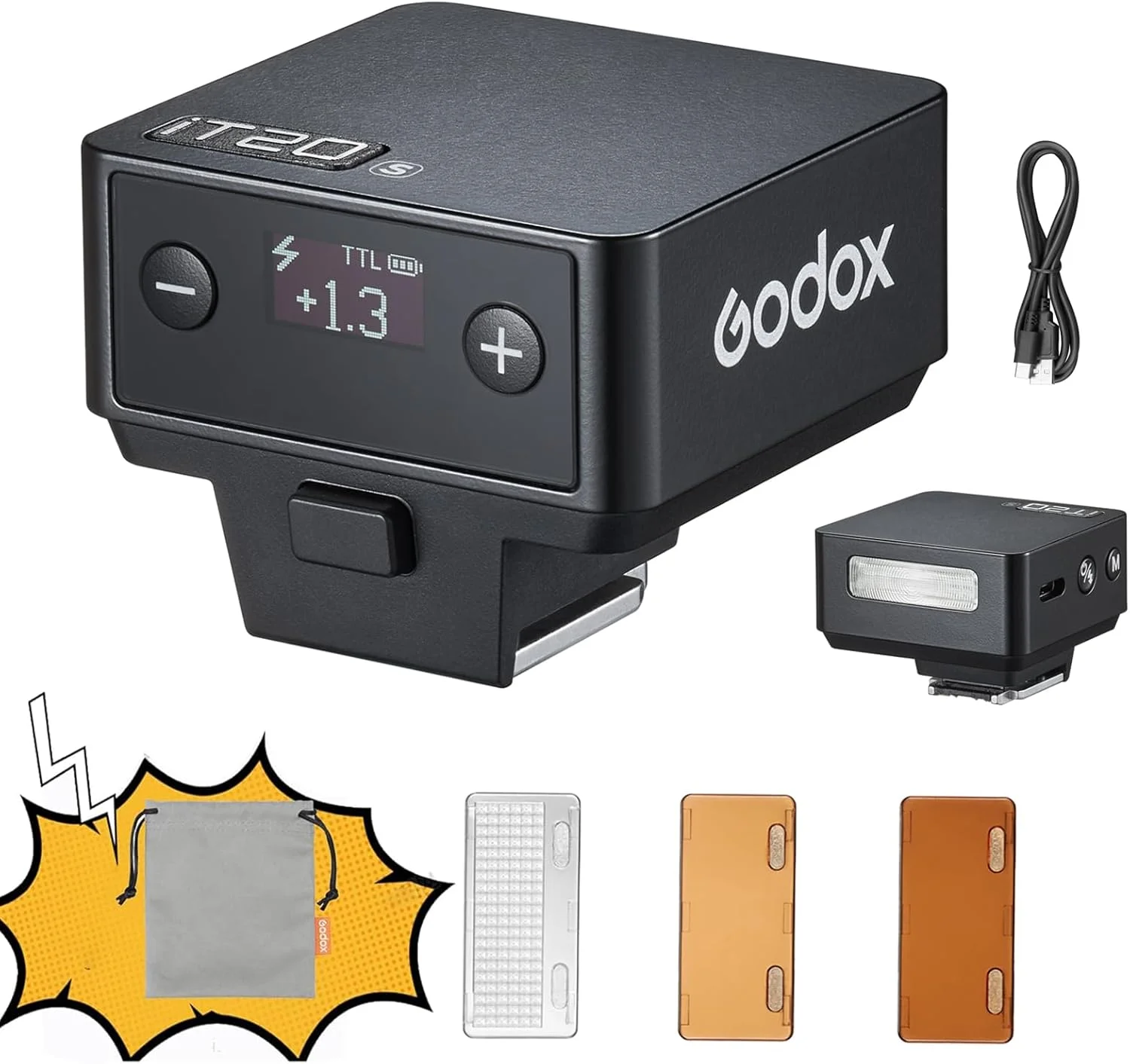 فلاش دوربین GODOX IT20 TTL MINI iFlash، بیش از 700 فلاش و بازیافت 1.5 ثانیه، 6 استاپ (1/32 تا 1/1 توان)، باتری داخلی با دیفیوزر و فیلتر مغناطیسی (مشکی، برای Olympus، Panasonic)