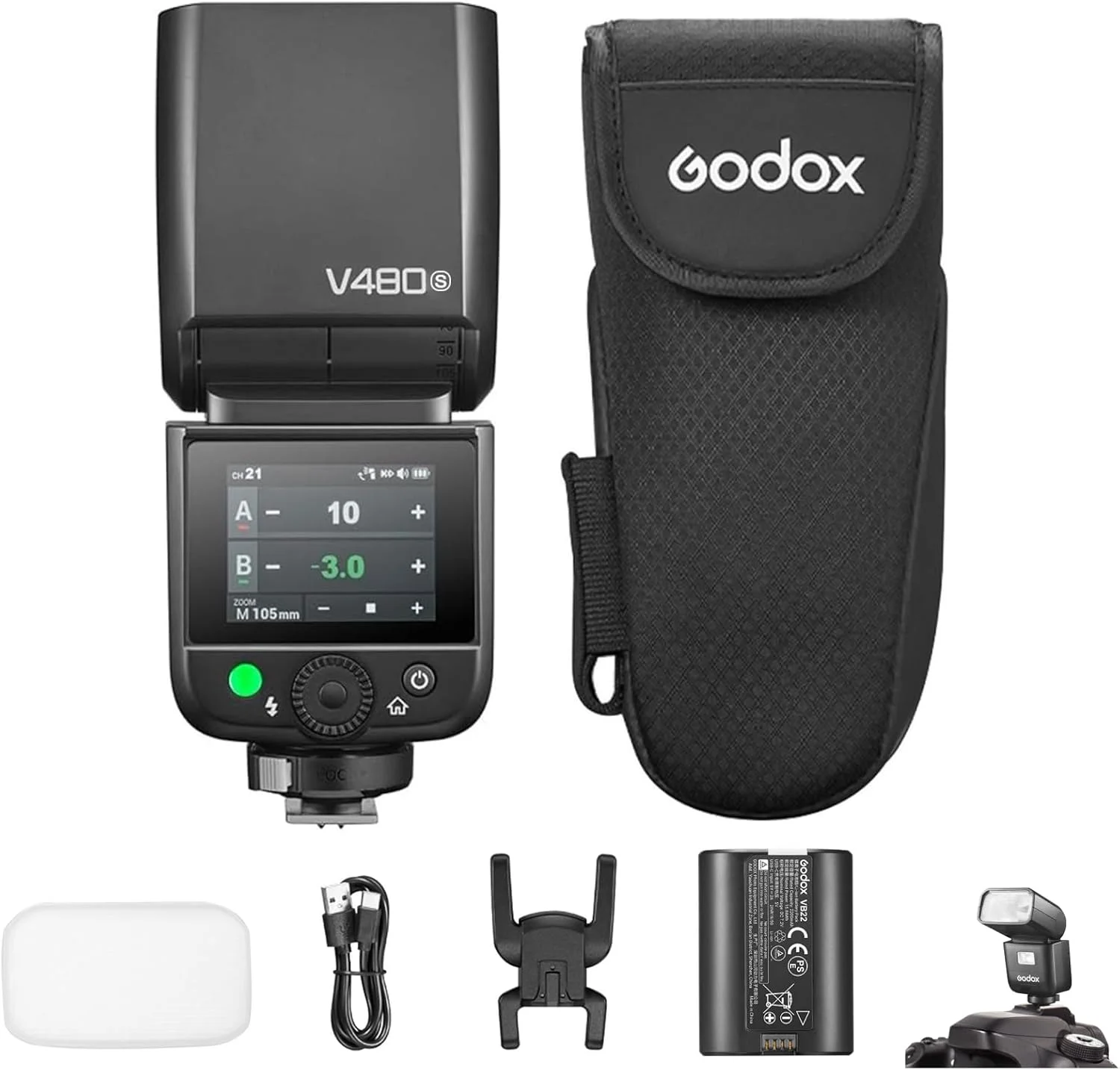 فلاش دوربین GODOX V480S ETTL برای سونی، GN50 Speedlite با عدد فلاش 650، همگام‌سازی پرسرعت 1/8000 ثانیه، زمان شارژ مجدد 1.7 ثانیه، دارای نور LED 5600K داخلی با قابلیت تنظیم و دیفیوزر، سازگار با دوربین‌های سونی