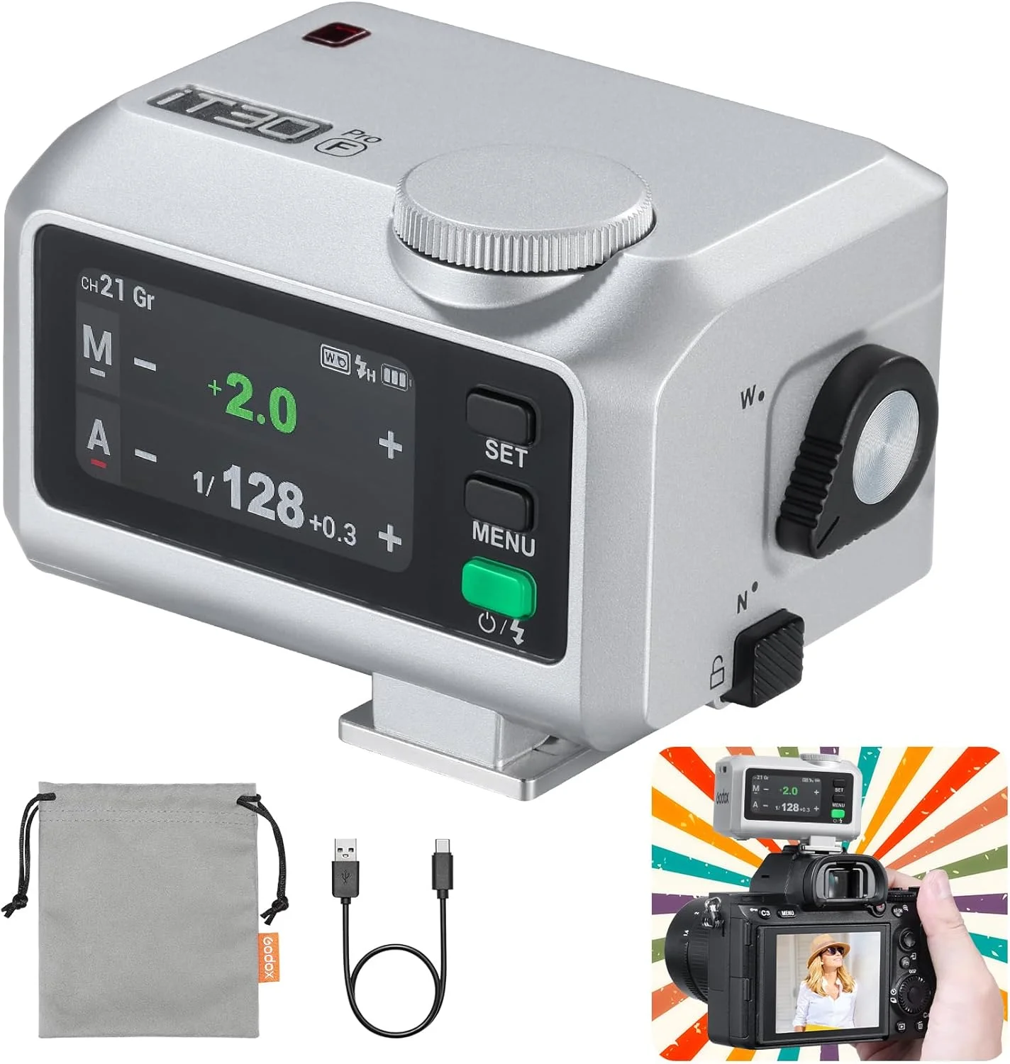 فلاش جیبی نقره ای گودکس iT30 Pro-F TTL برای دوربین فوجی فیلم: بی سیم 2.4G + صفحه لمسی (معادل تریگر X3 داخلی)، باتری لیتیوم یونی، HSS 1/8000 ثانیه، 560 فلاش، دیفیوزر داخلی برای پرتره