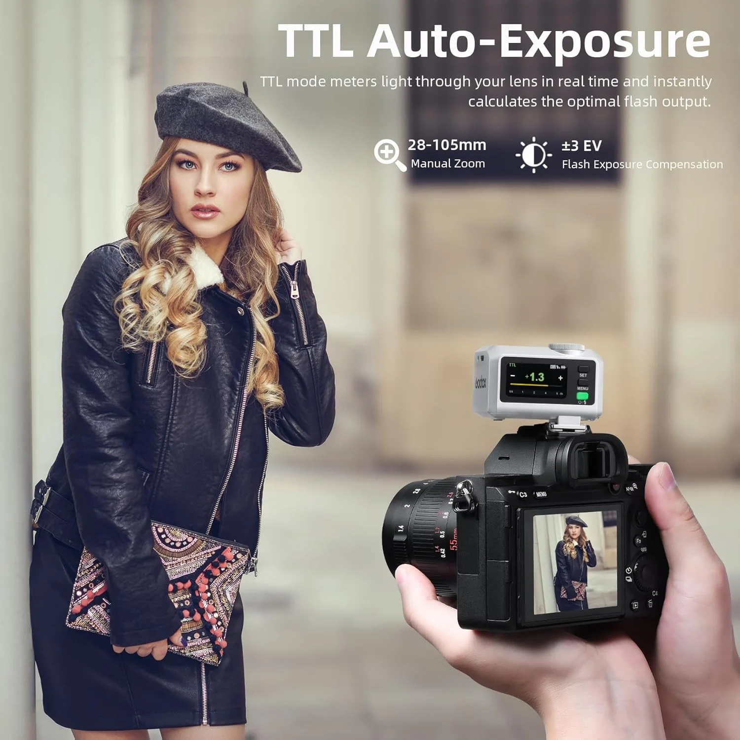 فلاش جیبی نقره ای گودکس iT30 Pro-F TTL برای دوربین فوجی فیلم: بی سیم 2.4G + صفحه لمسی (معادل تریگر X3 داخلی)، باتری لیتیوم یونی، HSS 1/8000 ثانیه، 560 فلاش، دیفیوزر داخلی برای پرتره