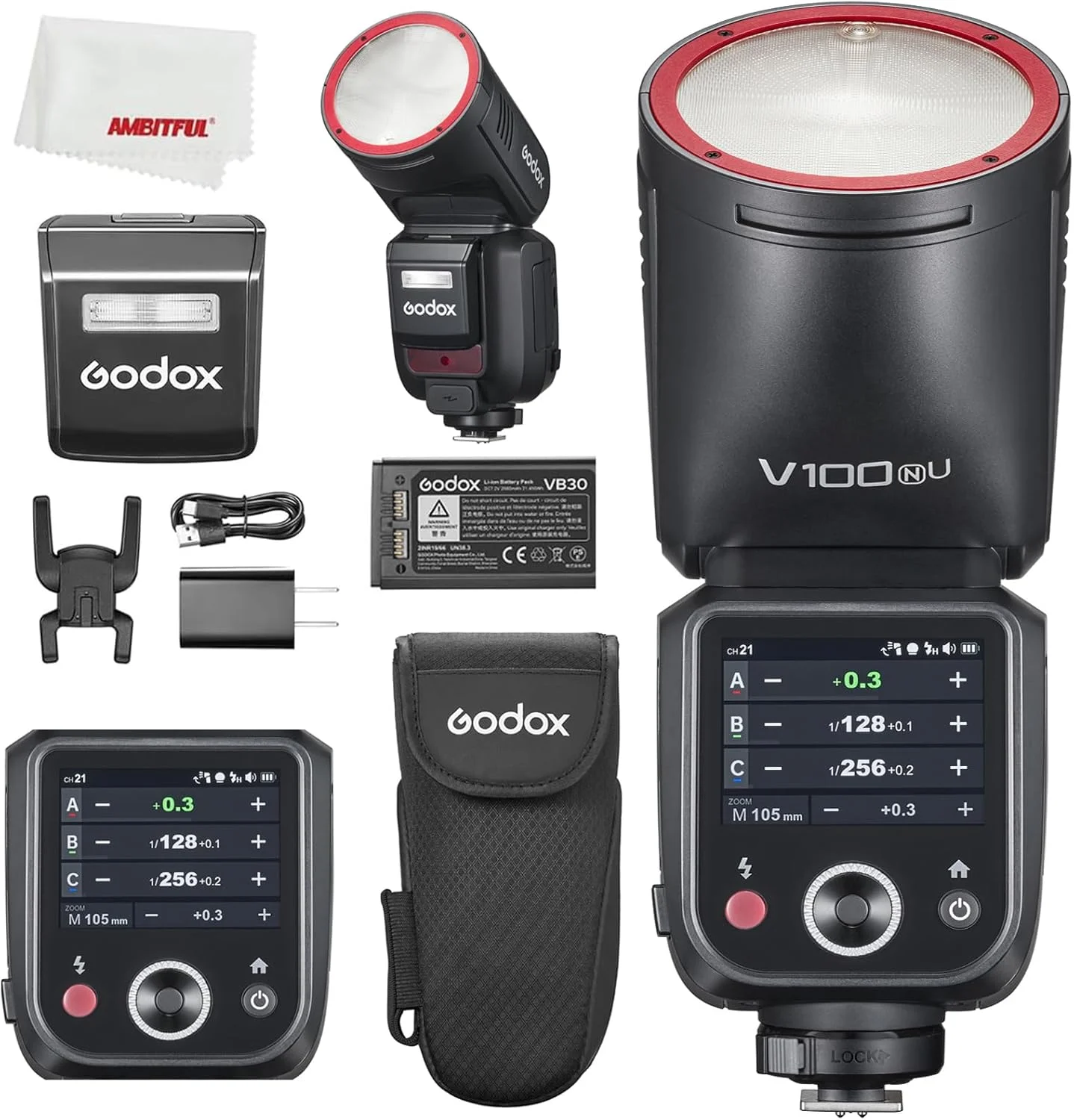فلاش گرد Godox V100 N V100N 100Ws TTL Li-ion برای دوربین نیکون، 400 فلاش با قدرت کامل، زمان بازیافت 1.7 ثانیه، فلاش فرعی SU-1، فلاش لمسی برای دوربین های نیکون (نسخه ایالات متحده)