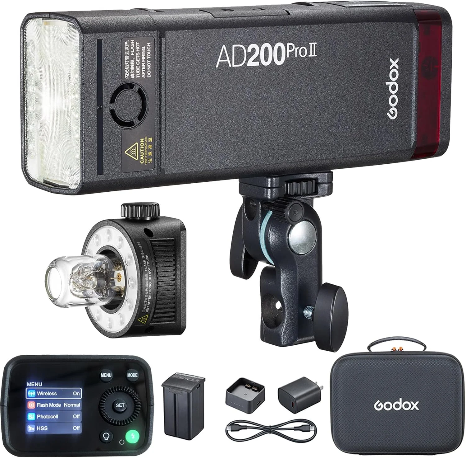 فلاش جیبی گودکس AD200 Pro II، فلاش ارتقا یافته با لامپ مدلینگ، نشانگر رنگ و صفحه نمایش، فلاش استروب 200Ws 2.4G TTL پرسرعت، نور تک HSS 1/8000s با باتری لیتیومی