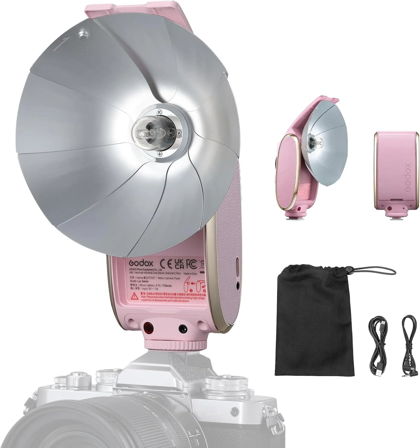 کیت فلاش دوربین رترو گودکس Lux Senior با دیفیوزر، GN14 1700mAh 6000K±200K CCT، حالت های خودکار و دستی 1/1-1/64 قدرت فلاش (صورتی گل رز) مناسب برای دوربین های کانن، سونی، نیکون، فوجی و المپوس