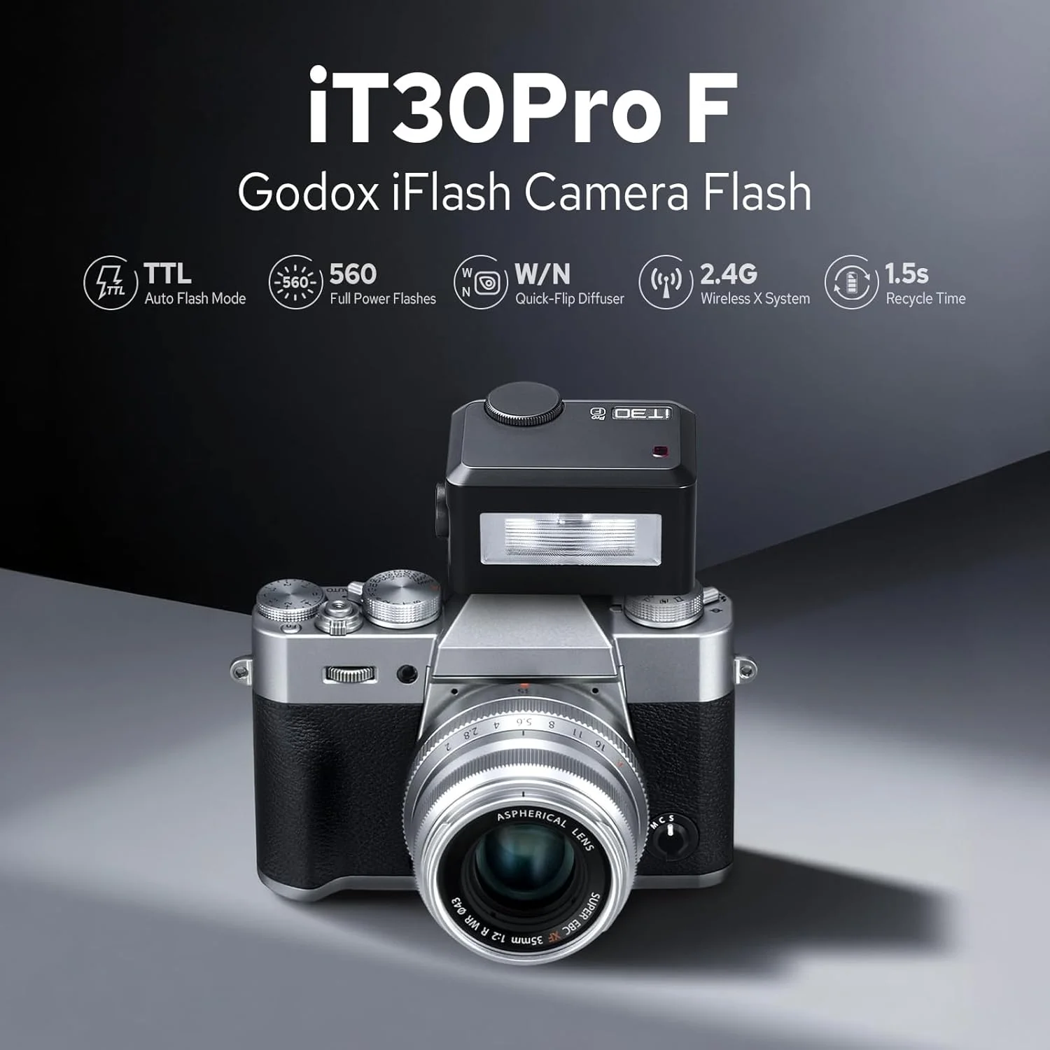 فلاش کوچک گودکس iT30Pro-F TTL برای فوجی، صفحه لمسی، HSS 1/8000 ثانیه، فلاش اسپیدلایت بی سیم 2.4G، باتری داخلی