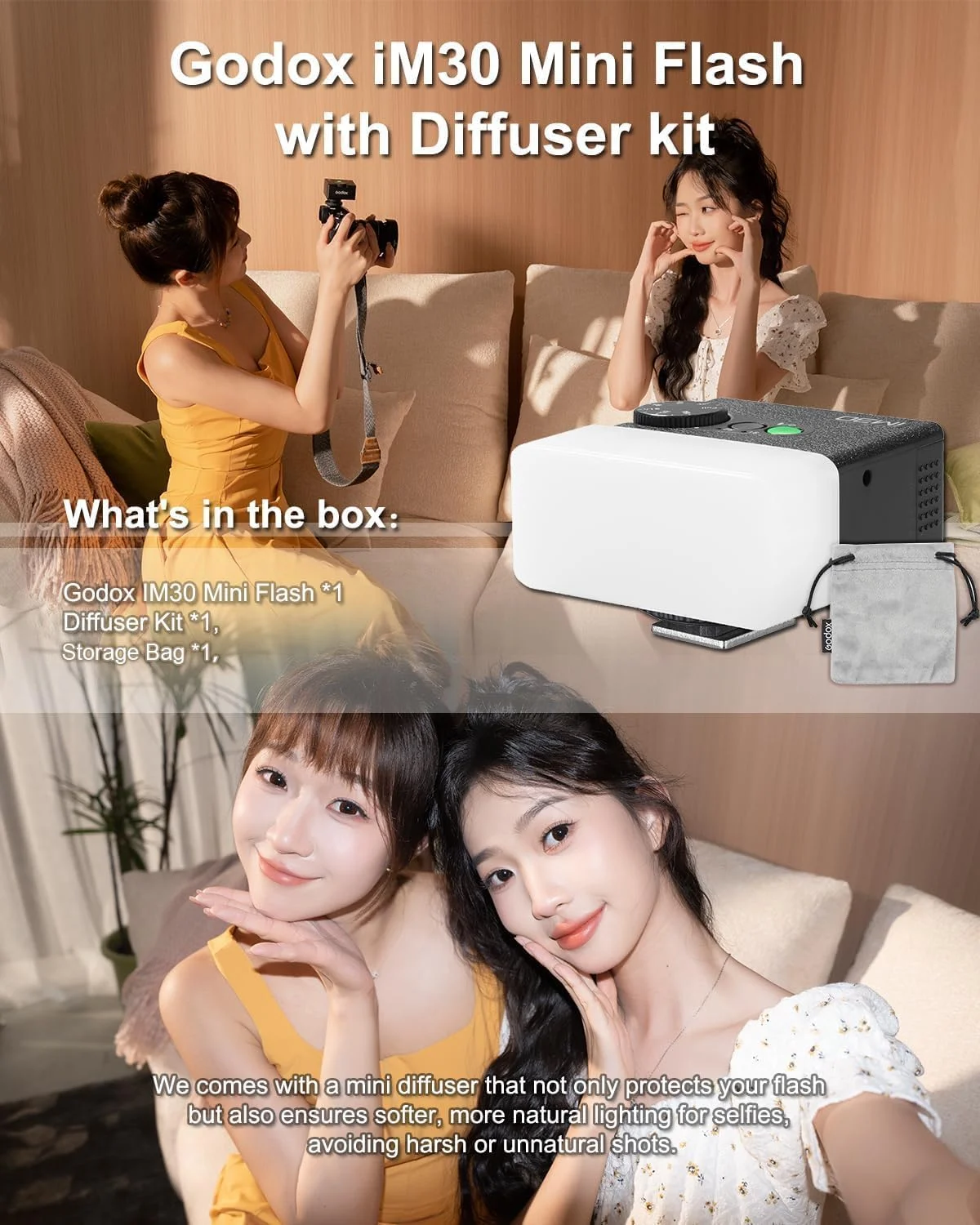 فلاش کوچک گودکس iM30 با دیفیوزر برای دوربین های کانن، نیکون، سونی، فوجی، المپوس با هات شو تک کنتاکت، فلاش Speedlite GN15، تنظیم قدرت 7 مرحله ای، 230 فلاش، حالت های Slave اپتیکال S1/S2