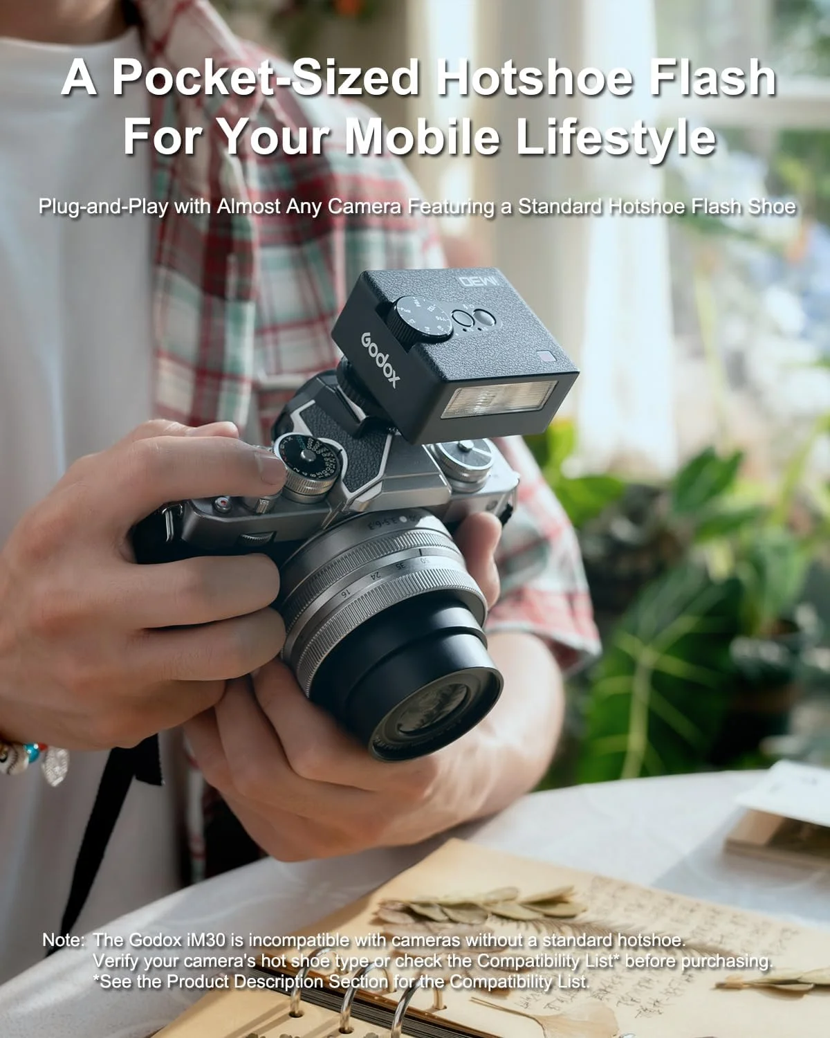 فلاش کوچک گودکس iM30 با دیفیوزر برای دوربین های کانن، نیکون، سونی، فوجی، المپوس با هات شو تک کنتاکت، فلاش Speedlite GN15، تنظیم قدرت 7 مرحله ای، 230 فلاش، حالت های Slave اپتیکال S1/S2