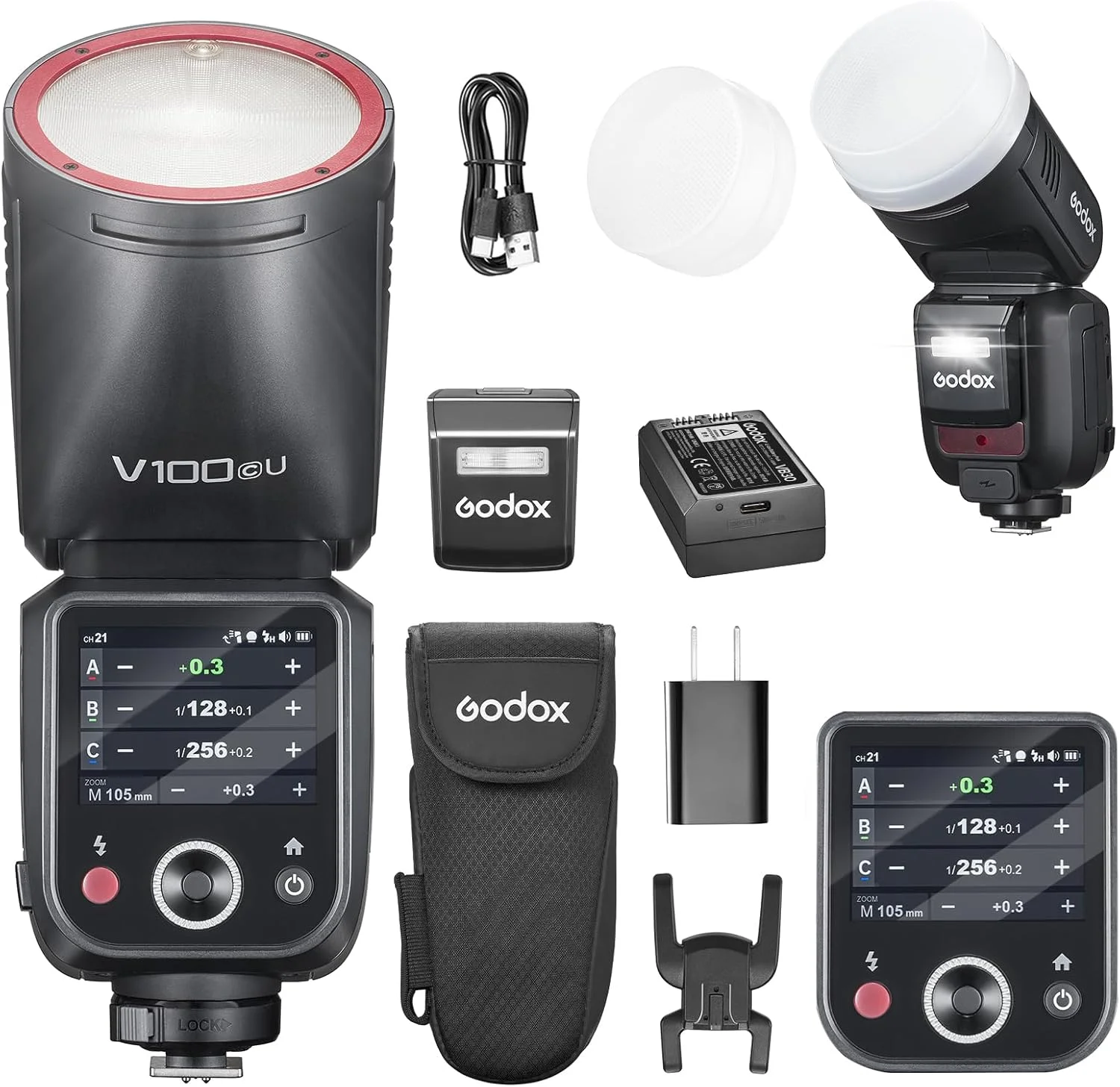 فلاش گودوکس V100C با هد گرد و صفحه لمسی 100 واتی برای کانن، بی سیم 2.4G با فلاش خارجی و همگام سازی فلاش شاتر سراسری 1/80000 ثانیه، دارای باتری لیتیومی داخلی (نسخه ایالات متحده)