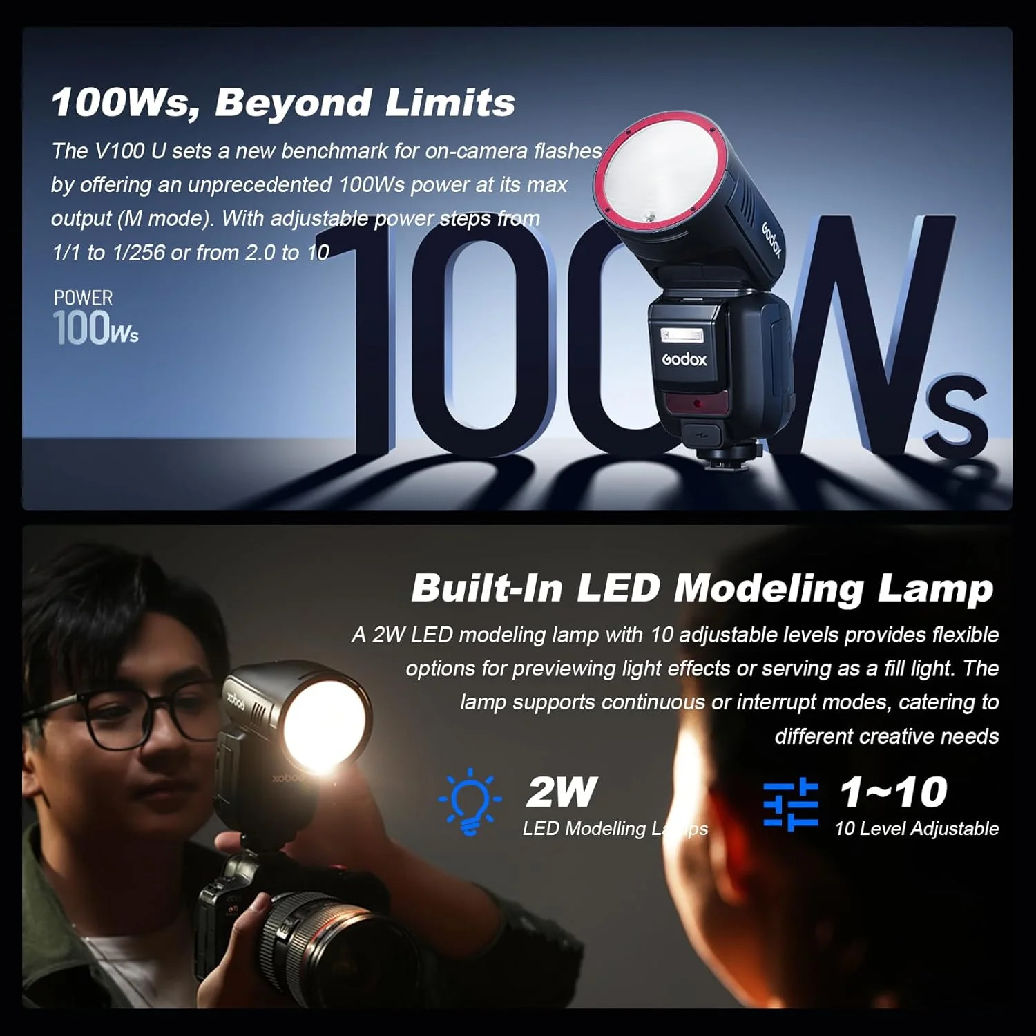 فلاش گودوکس V100C با هد گرد و صفحه لمسی 100 واتی برای کانن، بی سیم 2.4G با فلاش خارجی و همگام سازی فلاش شاتر سراسری 1/80000 ثانیه، دارای باتری لیتیومی داخلی (نسخه ایالات متحده)