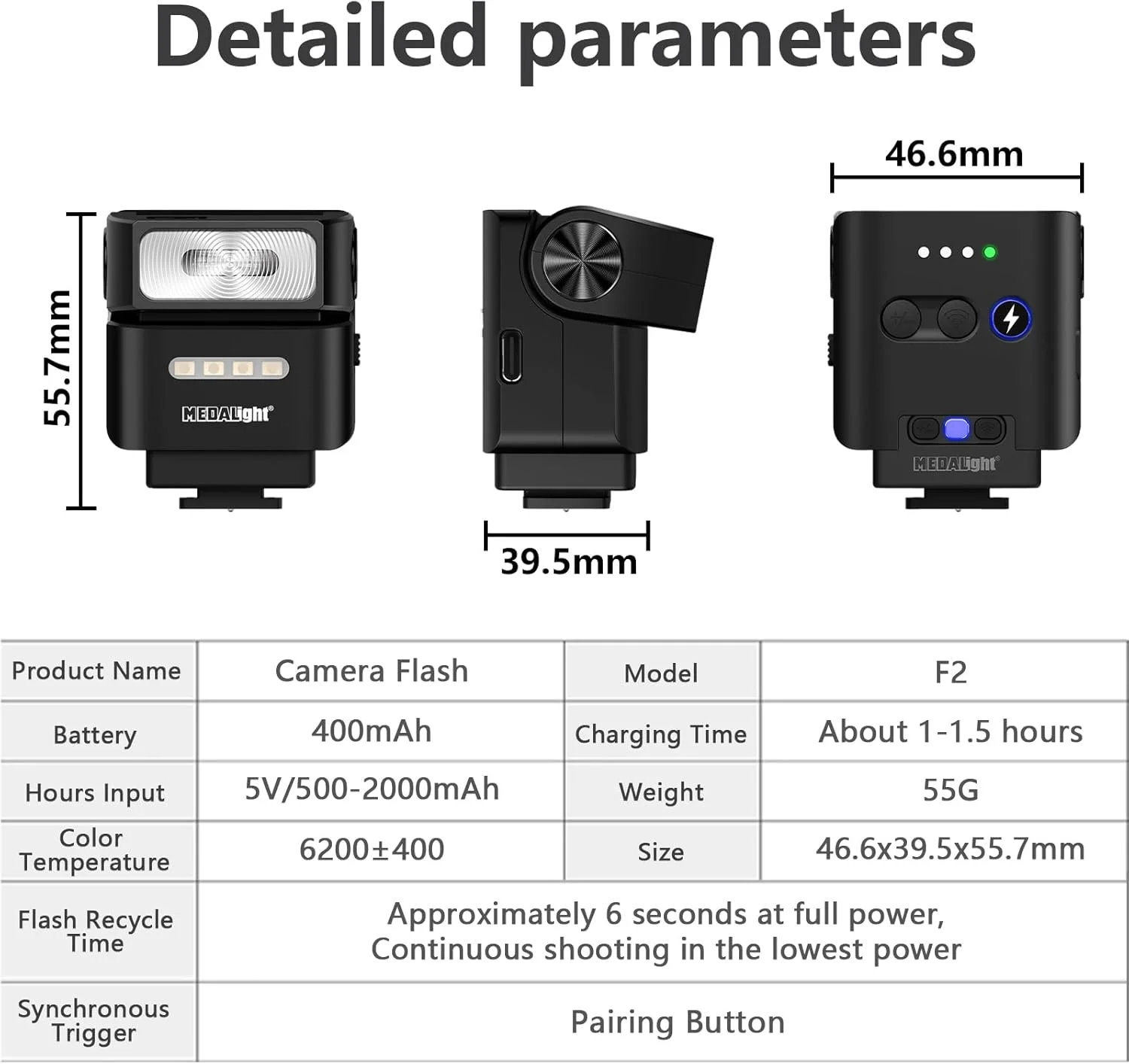 فلاش دوربین کوچک F2، فلاش بی‌سیم 2.4 گیگاهرتزی خارج از دوربین برای کانن/سونی ZV1/فوجی/نیکون/ریکو Gr3/دوربین دیجیتال/فلاش هات شو برای دوربین DSLR/پایه مغناطیسی و کنترل از راه دور 10 متری (مشکی).