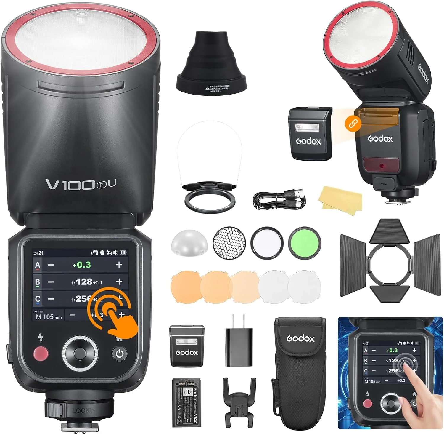 فلاش گرد Godox V100 C/N/S به همراه لوازم جانبی AKR1 (V100F-U)
