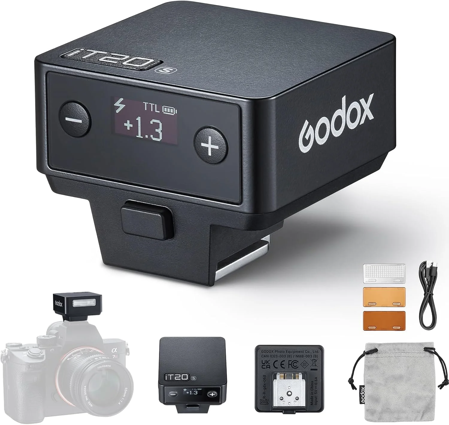 فلاش مینی TTL گودکس IT20-S سازگار با سونی، دارای باتری داخلی، 700 شات با قدرت کامل، زمان بازیافت 1.5 ثانیه، همراه با فیلتر مغناطیسی