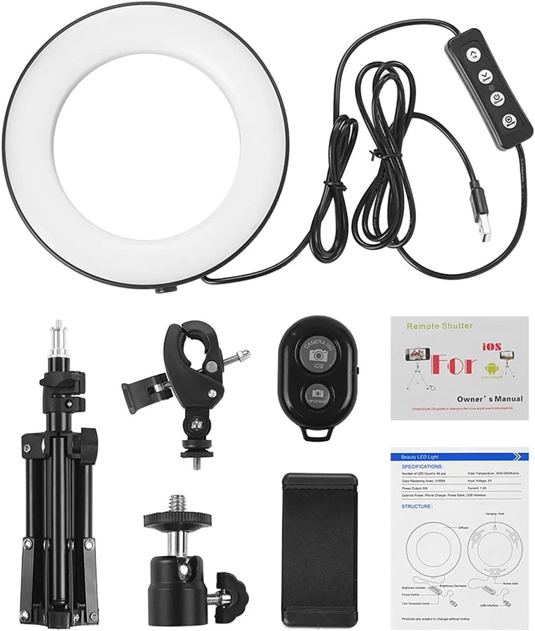 نور حلقه ای LED قابل حمل رومیزی برای سلفی با پایه سه پایه، کنترل از راه دور بی سیم، نگهدارنده تلفن همراه، کیت نور حلقه ای دوربین، 3 حالت روشنایی قابل تنظیم برای ویدیوهای یوتیوب، پخش زنده، آرایش، تلفن های هوشمند