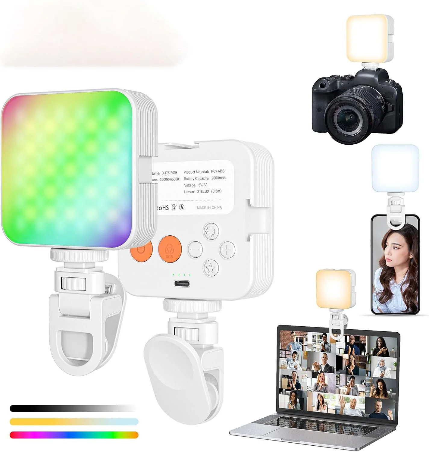 نور ال ای دی قابل حمل، نور سلفی با قابلیت تنظیم نور، 3 حالت نور، 10 سطح روشنایی، شارژ USB، گیره برای تلفن، لپ تاپ، دوربین، برای ویدئو، فیلمبرداری، پخش زنده، سلفی