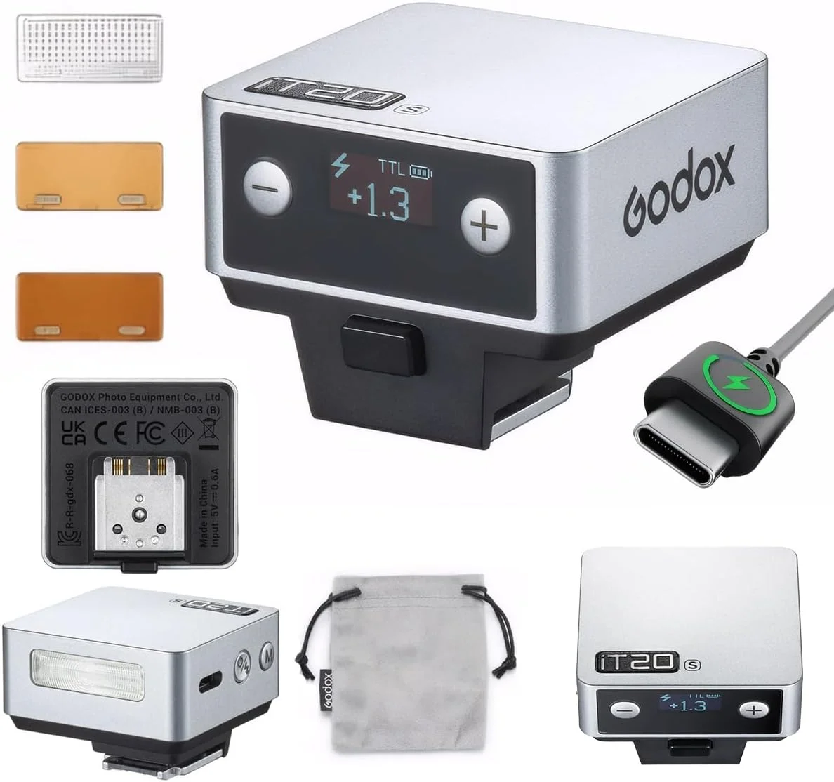 فلاش کوچک گودکس IT20 S برای سونی، فلاش دوربین کوچک گودکس iT20S IT20 S، حالت های TTL/دستی، باتری 7.4 ولت 300 میلی آمپر ساعت، بازیافت 1.5 ثانیه، با افزایش ±⅓، تحریک هات شو، شامل پخش کننده/فیلتر رنگی (نقره ای)
