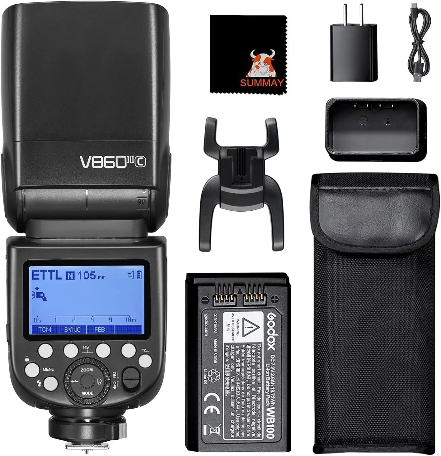 فلاش دوربین GODOX V860III-C E-TTLII با قدرت 76 وات، همگام‌سازی پرسرعت 1/8000 ثانیه، پنل LCD GN60، لامپ مدل‌سازی 2 وات با دمای رنگ 5300K±200K، قفل رهاسازی سریع، مناسب برای دوربین‌های سری Canon EOS