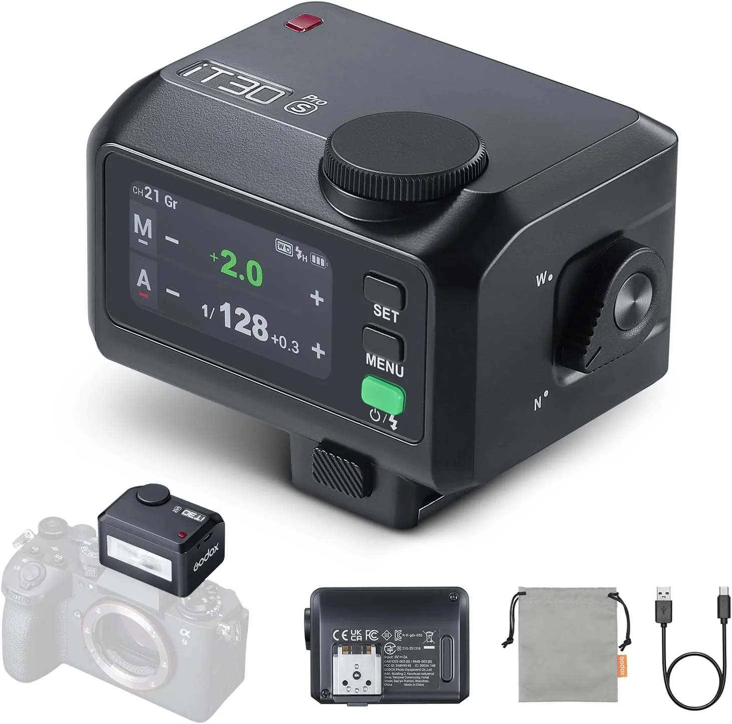 فلاش دوربین کوچک GODOX IT30Pro S TTL با سیستم یکپارچه تریگر و گیرنده 2.4G سازگار با دوربین های سونی، GN15 ISO100، HSS 1/80000 ثانیه، باتری 7.4V/900mAh، زمان بازیافت 1.5 ثانیه 560 فلاش (مشکی)