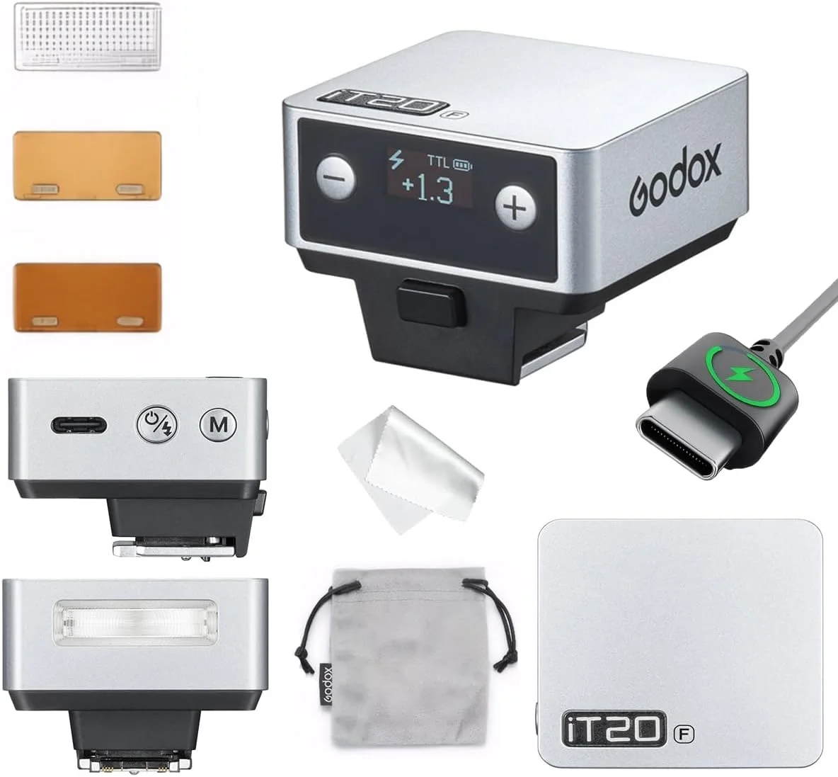فلاش گودکس IT20 F IT20F برای فوجی، فلاش مینی دوربین گودکس iT20F IT20 F، حالت های TTL/دستی، باتری 7.4 ولت 300 میلی آمپر ساعت، بازیافت 1.5 ثانیه، با افزایش ±⅓، تحریک کفشک، شامل پخش کننده/فیلتر رنگی