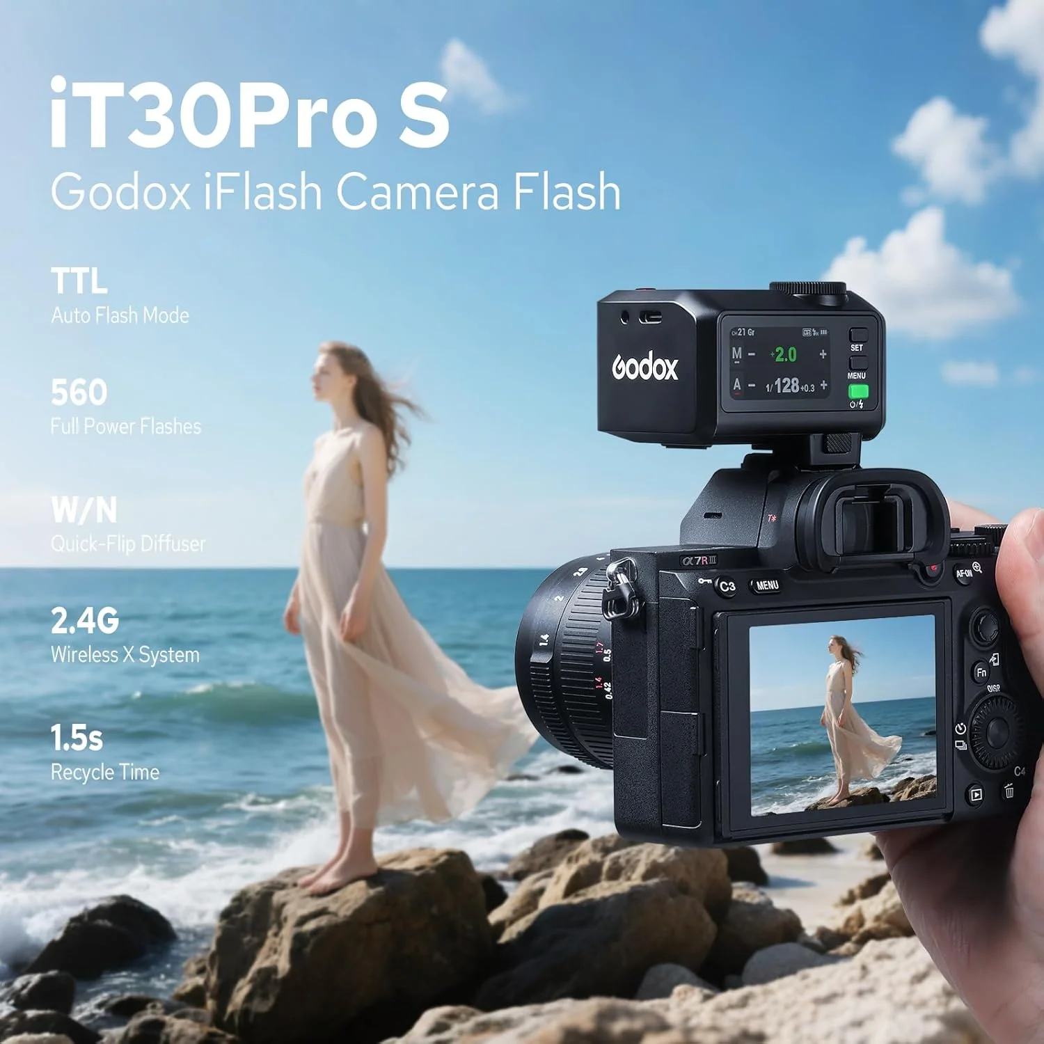 فلاش دوربین کوچک GODOX IT30Pro S TTL با سیستم یکپارچه تریگر و گیرنده 2.4G سازگار با دوربین های سونی، GN15 ISO100، HSS 1/80000 ثانیه، باتری 7.4V/900mAh، زمان بازیافت 1.5 ثانیه 560 فلاش (مشکی)