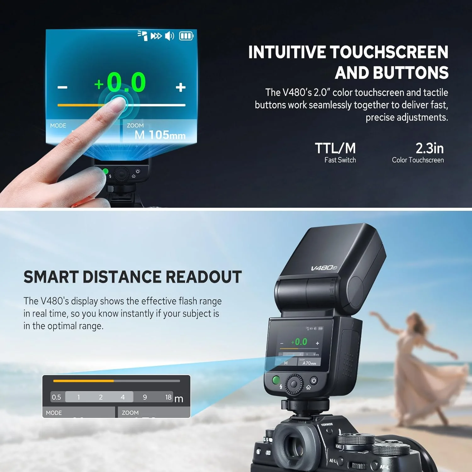 فلاش اسپیدلایت گودکس V480F V480 TTL برای فوجی، GN50 2.4G 1/8000S HSS با صفحه لمسی، 650 فلاش با قدرت کامل، زمان بازیافت 1.7 ثانیه، لامپ مدل LED