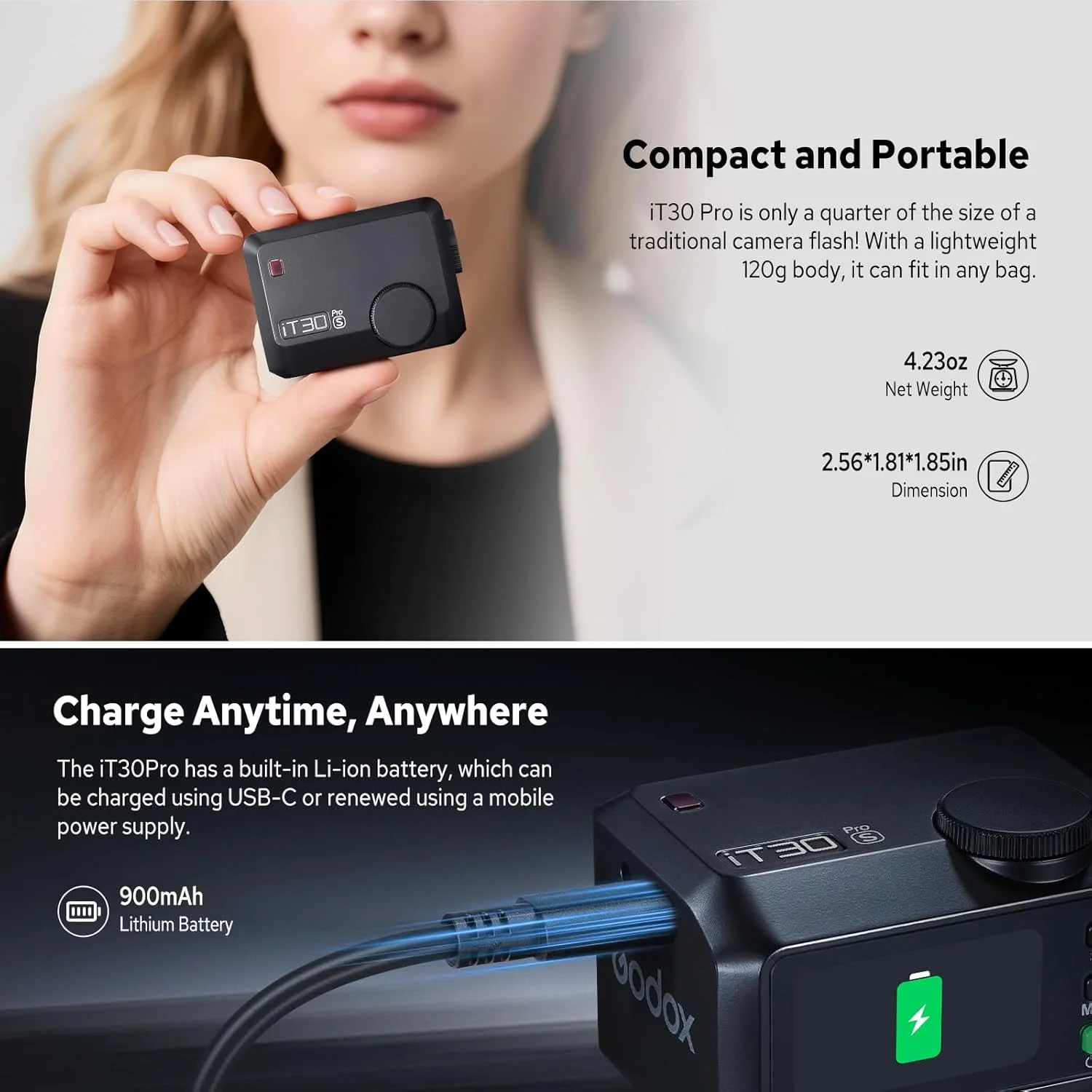 فلاش دوربین کوچک GODOX IT30Pro S TTL با سیستم یکپارچه تریگر و گیرنده 2.4G سازگار با دوربین های سونی، GN15 ISO100، HSS 1/80000 ثانیه، باتری 7.4V/900mAh، زمان بازیافت 1.5 ثانیه 560 فلاش (مشکی)