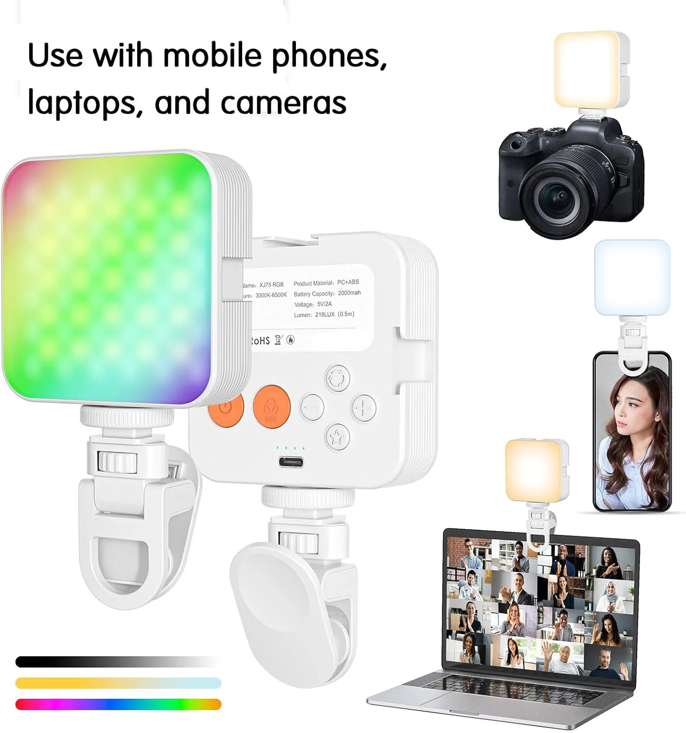 نور پرکننده LED قابل حمل، نور پرکننده ویدیویی RGB، با قابلیت تنظیم نور، گیره قابل شارژ برای تلفن/لپ تاپ/دوربین، برای ویدیو، عکاسی، پخش زنده، سلفی